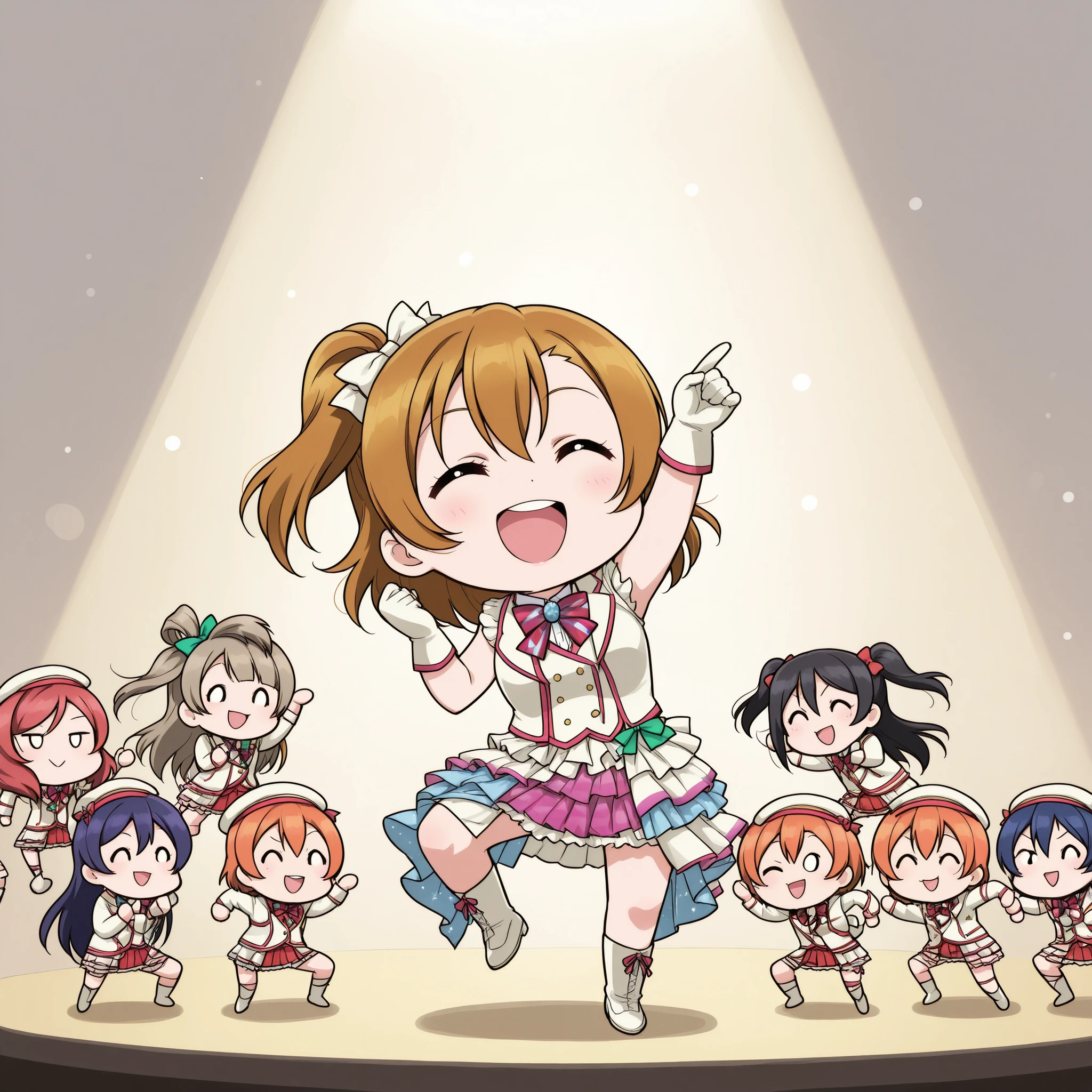 ((9girls:1.3)),Love Live!,KOSAKA HONOKA ,AYASE ELI , MINAMI KOTORI ,SONODA UMI,HOSHIZORA RIN,koizumi hanayo,nishikino maki,yazawa niko ,tojyo nozomi,chibi,full body, dancing,open mouth, smile,meme, parody, simple background, white background, only face,4K High Resolution, vibrant coloring, best quality, 4K, masterpiece, hyper detailed, studio lighting, ultra-fine painting, vivid colors, sharp focus, extreme detail, , HDR, UHD,  bokeh effects ,