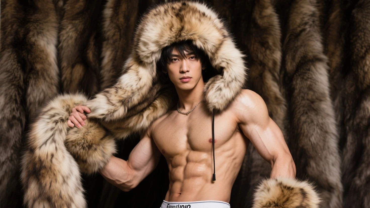 Asian man,  thin nose, thin lips, brown eyes, black hair, deer horn on his head, jock putfit, young handsome face, best quality,masterpiece,Ultra high detail,A handsome muscular man, deer horn on his head, ???????, black micro ?????, with black cloth, black transparent cloth on his deer horn, realistic,Grey background,
