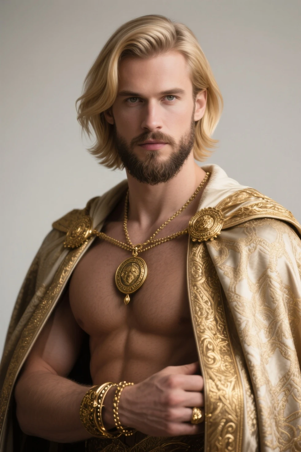 A muscular Korean man is in wonderland, 20 years old, He is wearing snow white clothes (fur layers on the shoulders and back) with a very long pile, completely  looks fit, nice shaped , smooth  and , underneath you can see  his body is very muscular. The emphasis is on the male body.    Above his head is a halo surrounded by white clouds and golden holy light., (The body is decorated with a gold chain with precious stones, finger rings), (A heavy belt with a gold  band with sparkling gemstones).    voluptuous crotch.    He had short black hair with shaved temples and large, expressive green eyes. A clock was ticking in the distance.    This scene looked like something out of the realm of fantasy or legend when viewed from above
