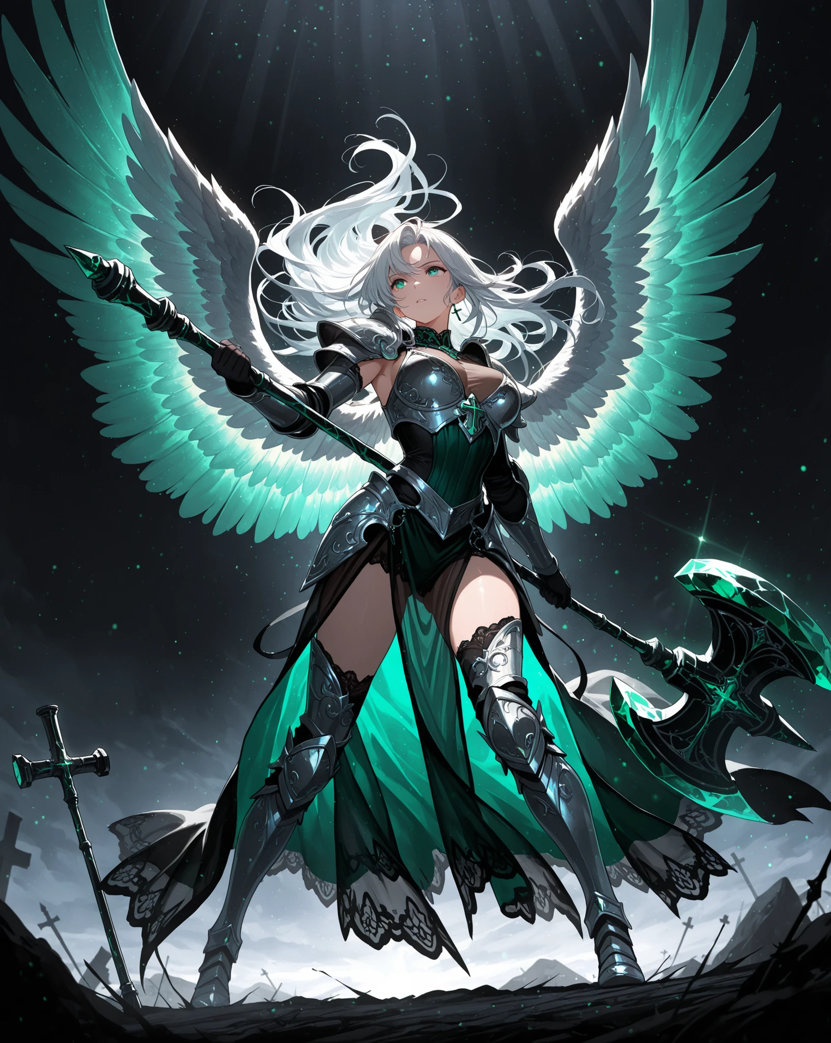 (masterpiece:1.2), Angel Woman, A clean and beautiful face, Intricate Black and Silver Armor, Cross Hammer Thrust to the Ground, Big Wind Wings See-Through in Emerald Color, backlight and light particles, dark fantasy style, epic