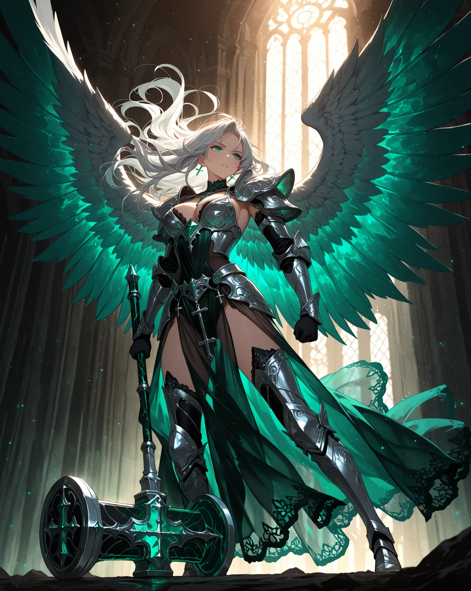 (masterpiece:1.2), Angel Woman, A clean and beautiful face, Intricate Black and Silver Armor, Cross Hammer Thrust to the Ground, Big Wind Wings See-Through in Emerald Color, backlight and light particles, dark fantasy style, epic