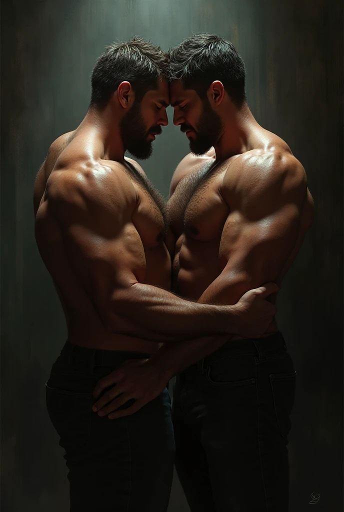 (((short hair)))，Short hair，Two 40-year-old handsome muscular men with stubble hugging,(((Two muscular men hugging and kissing)))， very handsome, Perfect facial features, ??????????, Pure black background, Fit body, Perfect composition,  beard,Bodybuilding Champion，No ????? hair，Smooth pectoralis major， Rick, Provocative, natural color，muscular,, Ultra-high quality, XT3, Crystal clear, 8千 ultra high definition, High Detail, Ultra-realistic photos, (Realistic skin), ((pores)), ((High Detail skin)), Volumetric Light, groin, Far, Complex 3D Visualization, High Detail,Real human skin ((Correct body structure)), (((Correct ???????))),(((Forced noise reduction)))