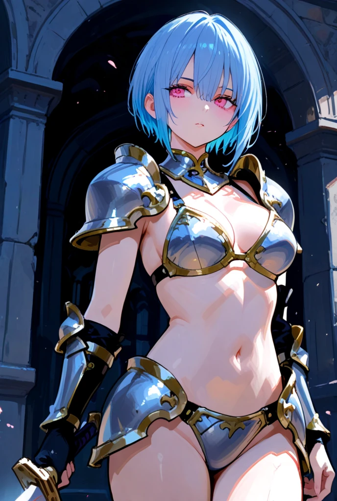 1girl, medium breasts, asymmetrical breasts, thick thighs,  (steel blue hair, long hair, crew cut, wavy hair:1.2), (lightsteel blue eyes:1.2),
BREAK
bikini armor, pasties, legs together,stretching, Ancient ruins, with sunbeam effects and ivy-covered walls and pillars, bathed in sunlight <lyco:bikini-pastie-armor:1>,
