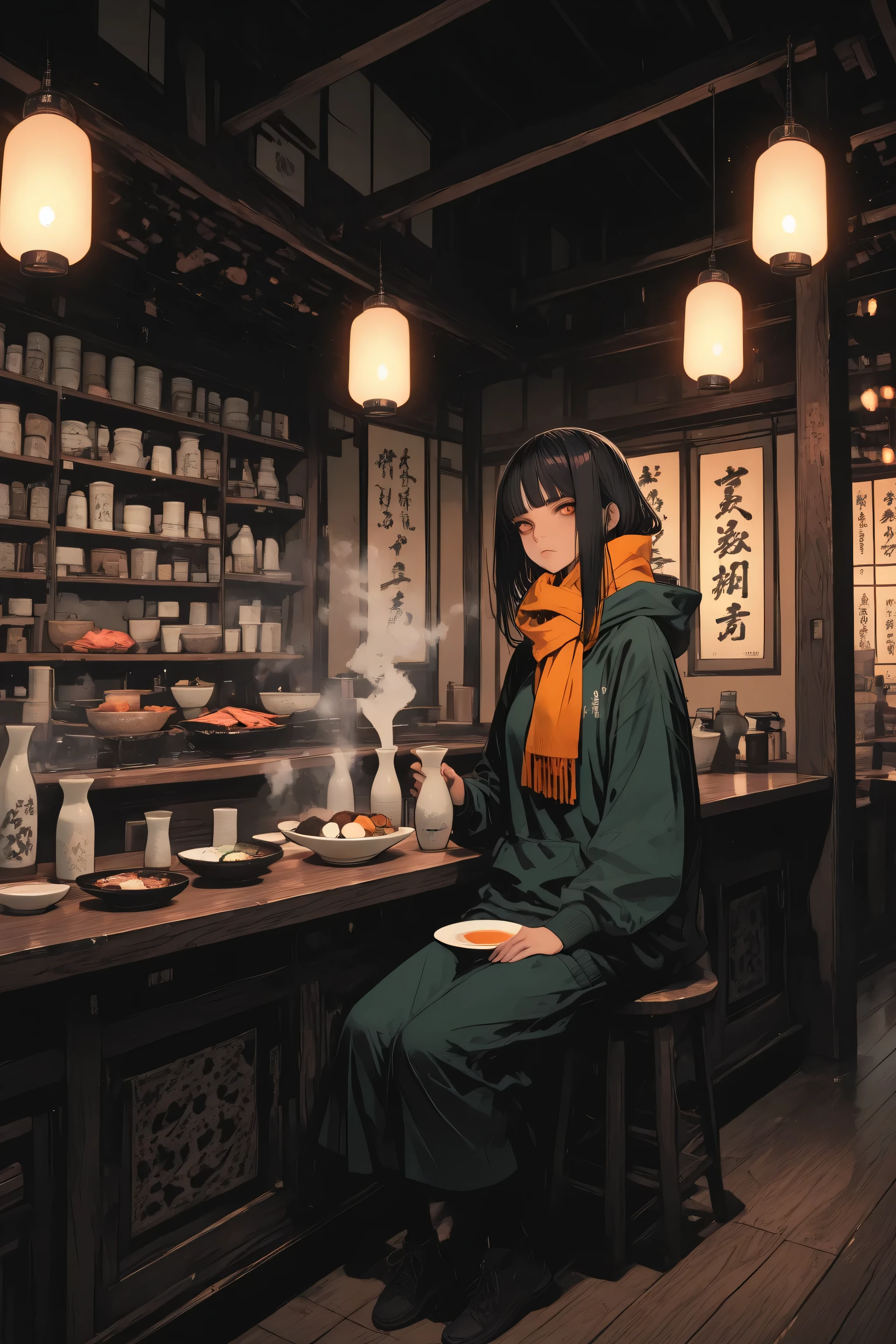 flat color, clean line, masterpiece, top quality, anime style, cinematic lighting, long shot, full-body view, the woman fully visible from head to toe, sitting on a cozy wooden counter in an old Japanese folk-house style izakaya (oden shop). Warm atmosphere, soft steam rising.
The woman has bright skin, dark eyes, and dark hair. She wears warm clothes: an olive-green M-51 hoodie with fur on the hood, a yellow knitted beanie, and an orange scarf wrapped around her neck. Her bangs are cut straight above the eyebrows, and the rest of her dark hair falls slightly below the ears. She is expressionless, drinking Japanese sake, her cheeks slightly red.
In front of her on the wooden counter: an oden dish with shiny daikon, dark brown egg, konnyaku, fish paste ingredients, and a small white plate with skewered items and garnishes. A slim black short-haired cat with deep yellow or amber eyes sits quietly on the counter beside her, fully visible in the frame.
The izakaya features dark wooden elements, traditional Japanese pottery, warm incandescent light bulbs giving a pleasant glow. Condiments and products line the counter behind her. On the left wall, there are signs and menus that are difficult to read. The setting is evening or dim-lit, calm, slightly rustic. The entire scene, including the woman’s full body and legs, the counter, and surrounding environment, is visible.
