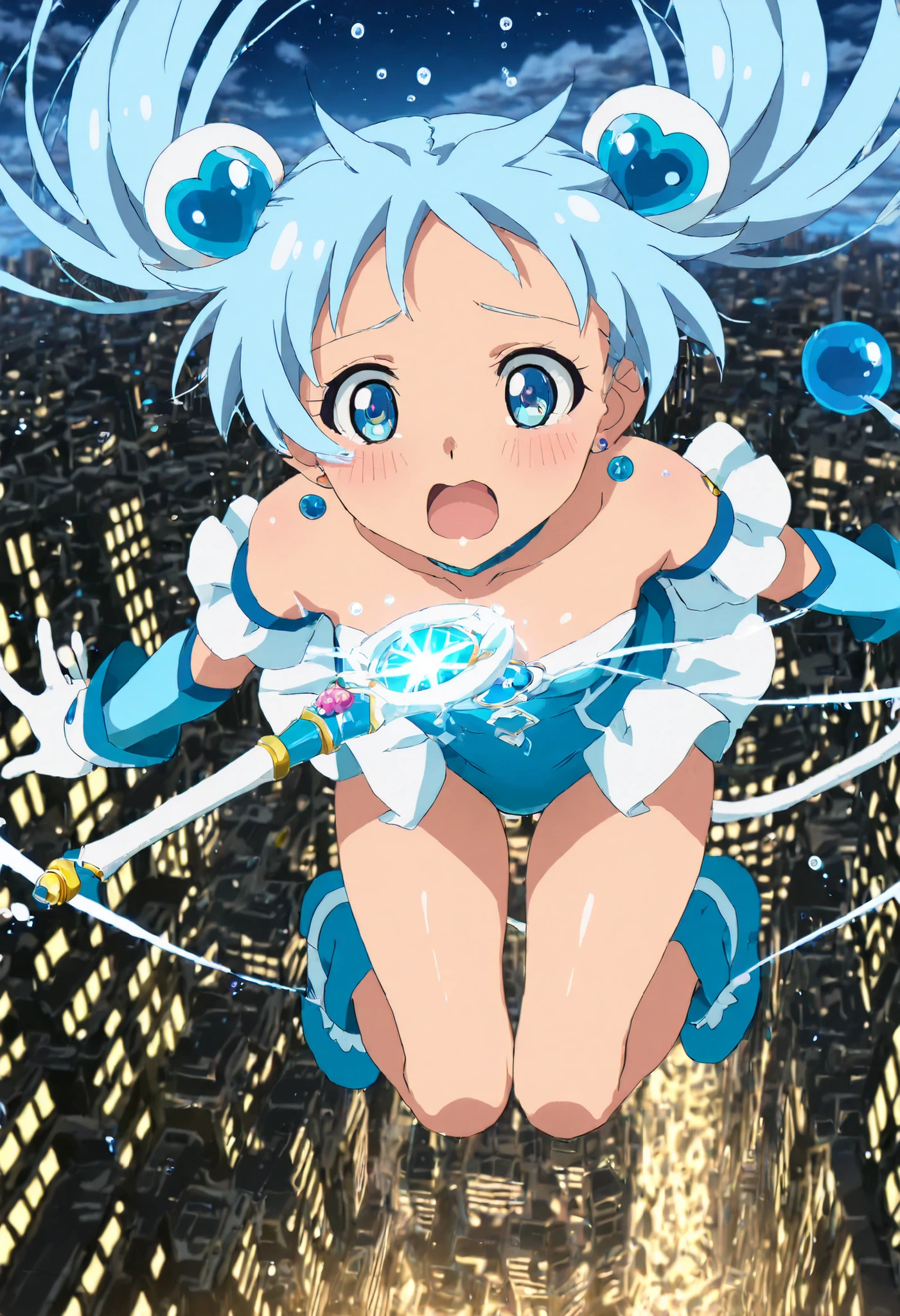 zero gravity,(masterpiece,high quality,ultra-detailed:1.2),perfect anatomy,anime coloring,anime screencap,newest,BREAK,1 girl,blue pigtail,light blue eyes,cute,kawaii,shy,open mouth,magical girl, magic wand, magic, magical effect, magical light,zero gravity,((everything floating in the air)),city,floating people,