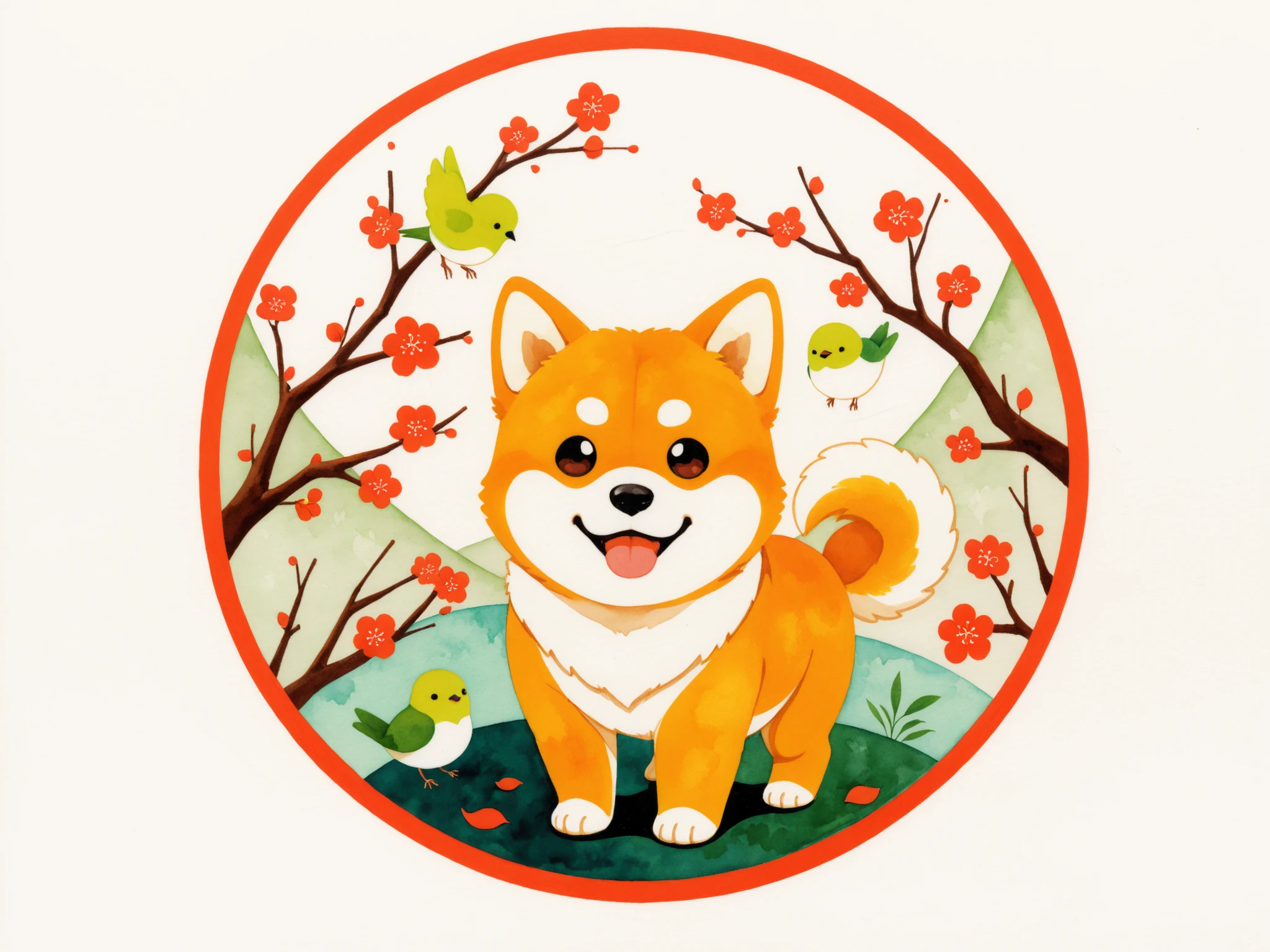 (Flat design:1.0), (Vector art:1.4), (icon, circular composition:1.3), solid color background, clean lines, crisp edges,simple, minimal color palette, (Japanese watercolor painting style:1.2), (washi paper texture:1.1),
Shiba Inu face icon, dog, round face, chubby cheeks, highly stylized, (chibi:1.1), front view,
plum blossoms(梅), tiny green bird on a plum branch, Japanese New Year motif, spring theme,