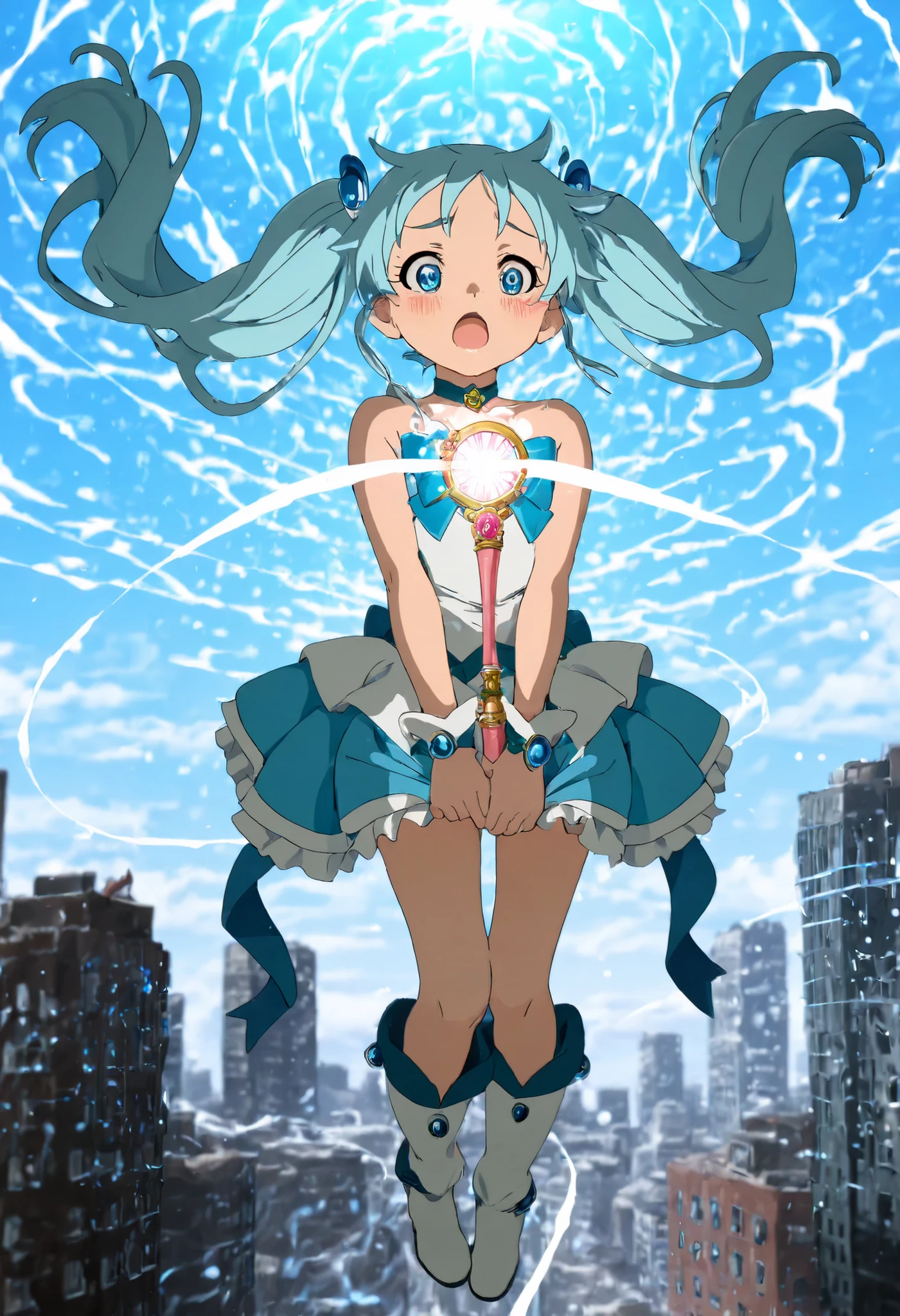 zero gravity,(masterpiece,high quality,ultra-detailed:1.2),perfect anatomy,anime coloring,anime screencap,newest,BREAK,1 girl,blue pigtail,light blue eyes,cute,kawaii,shy,open mouth,magical girl, magic wand, magic, magical effect, magical light,zero gravity,((everything floating in the air)),city,floating people,