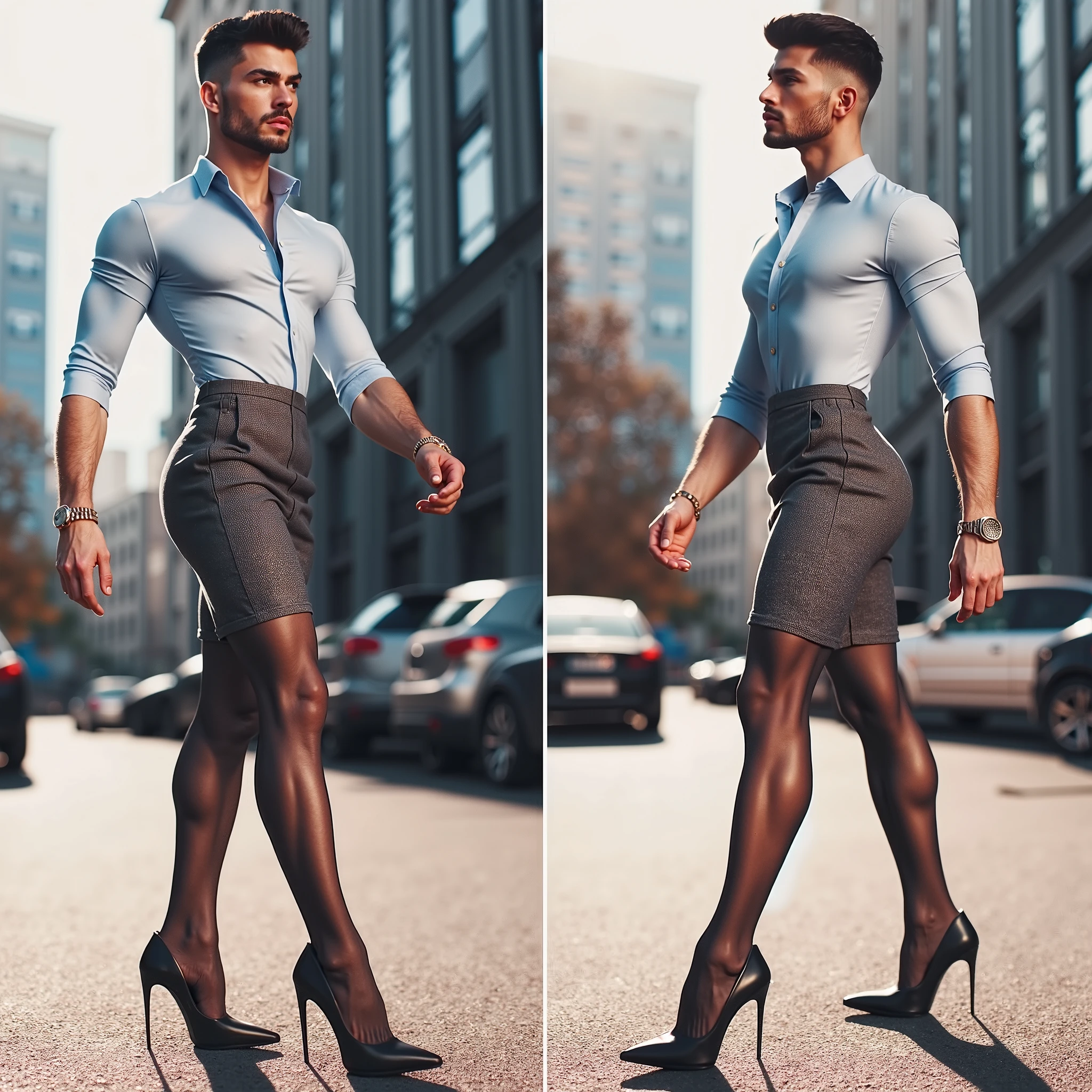  Athletic hunk muscular man with very short hair, vintage lingerie,  glossy stockings, bra, very high stiletto heels with pointy toes, earrings, bra ,nylons and makeup,  garterbelt, girdle, tattoos, long earrings, necklace, lipstick, corset, in a budoir 