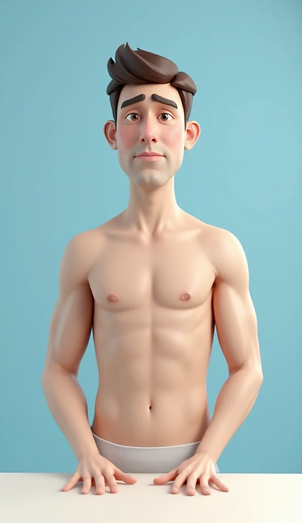 young , white, big black eyes,bushy eyebrow, perfect smile, cut with bangs, blue boxer with erection,Symmetrical face with strong jaw and high cheekbones, tall height, well-cared for and blemish-free skin, and thick, well-styled hair