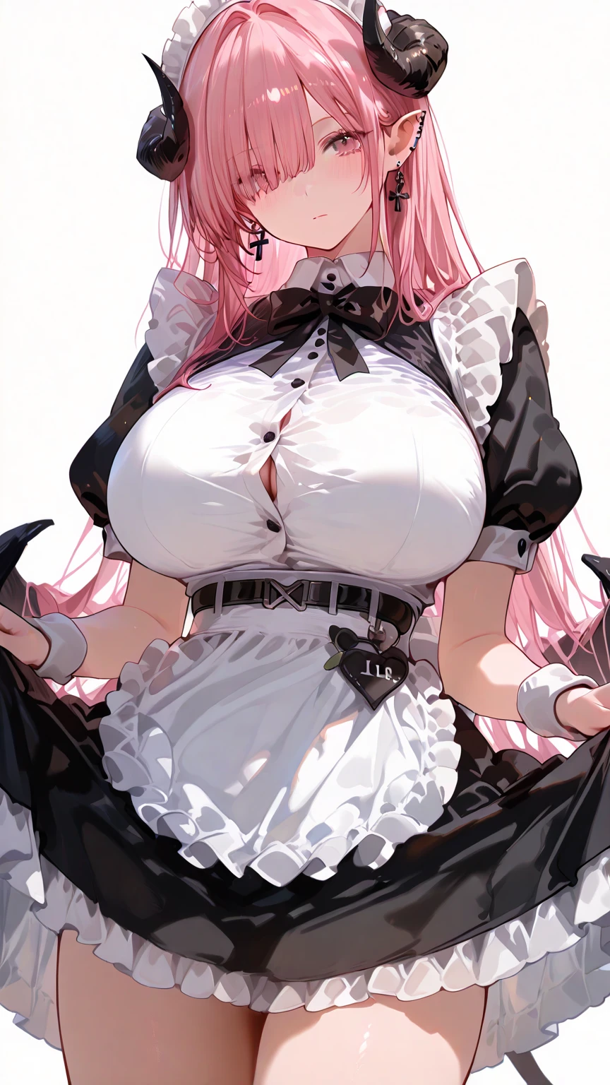 masutepiece, Best Quality, Airlib 4, 1girl in, Solo, blush, thighs thighs thighs thighs, black thighhighs, Apron, zettai ryouiki, maid, Maid headdress,Naughty big、large full breasts、cleavage、Wrist cuffs, (Perfect hands, Perfect Anatomy)、(Skirt lift:1.3), (White panty:1.3)、(Skirt that rolls up:1.3)、(Fully exposed panties:1.5)、is standing、A smile