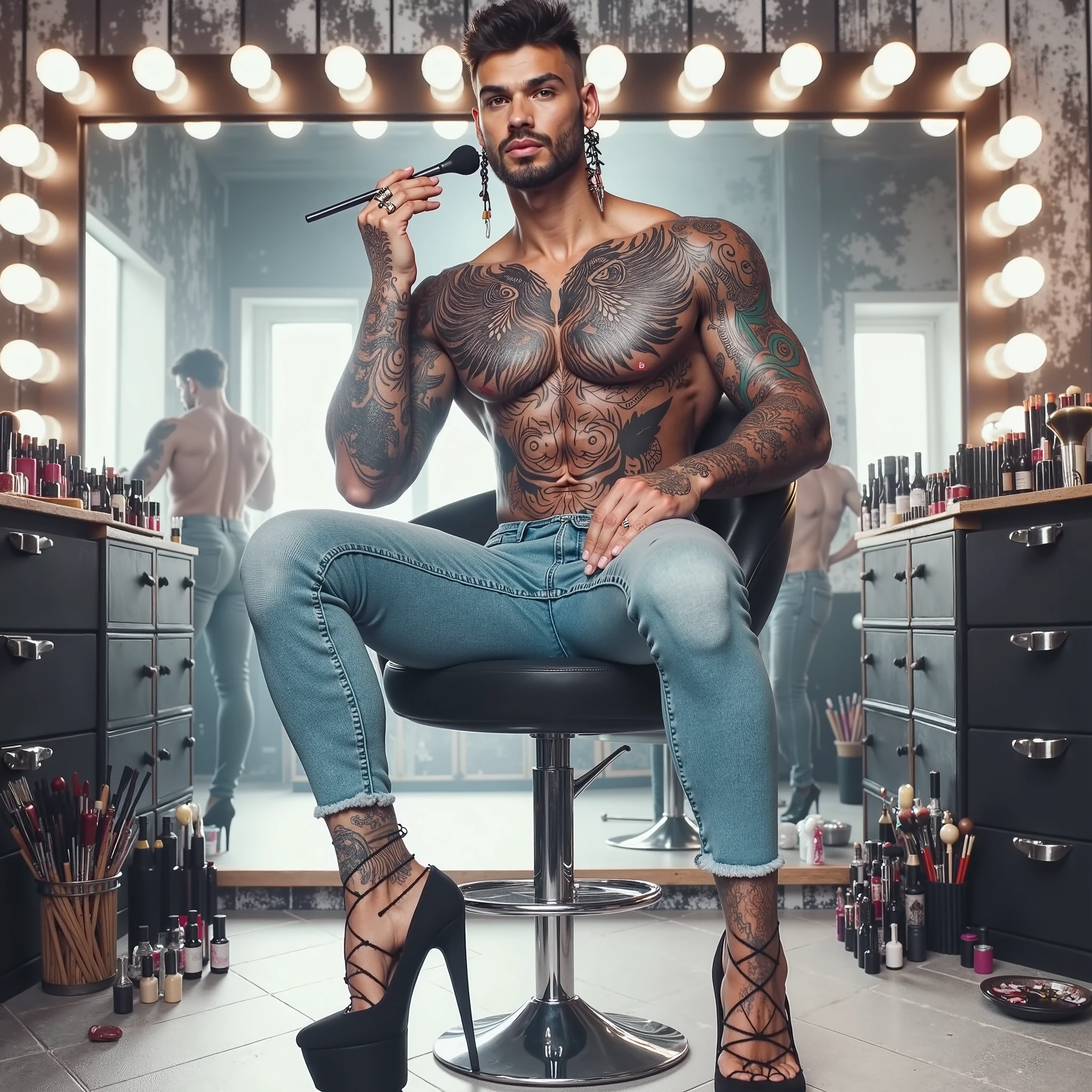Realistic image, 8K resolution, Latin man, tattooed, looking like a rapper, large , tattoos, beard and mustache, , with large  and , wearing a , barefoot, sitting on a chair, with a  in his , with his feet on a glass table, in his hand he holds a pipe of PNP meet cloud