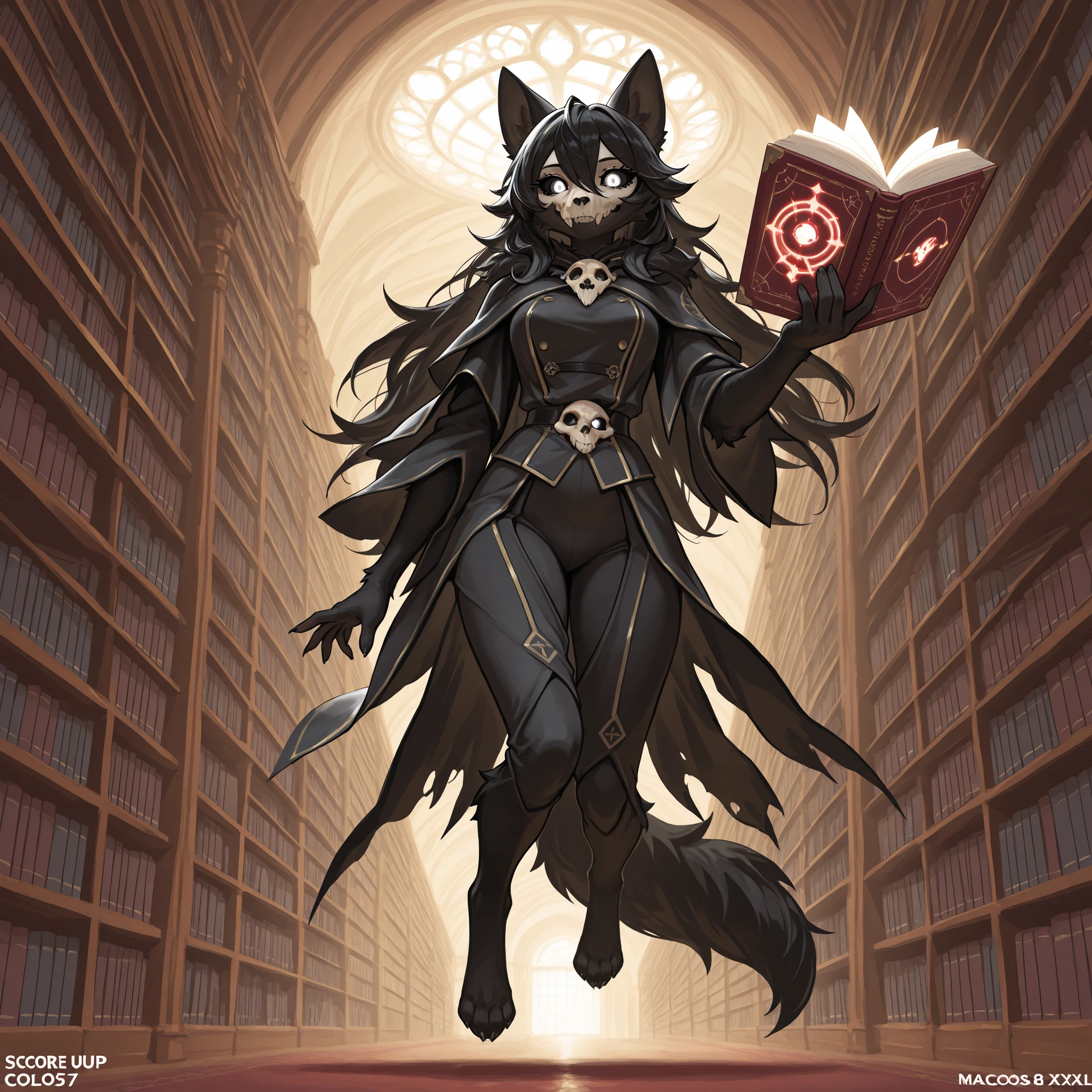 score_9, score_8_up, score_7_up, score_6_up, BREAK, rich colors, high quality, masterpiece, best quality, amazing quality, very aesthetic, absurdres, 1 girl, source furry, MaloSCPXL, anthro furry, furry female, body fur, black fur, head skull, white eyes, glowing eyes, black sclera, black hair, long hair, hair between eyes, animal ears, black tail, in a library, floating, mage clothes.