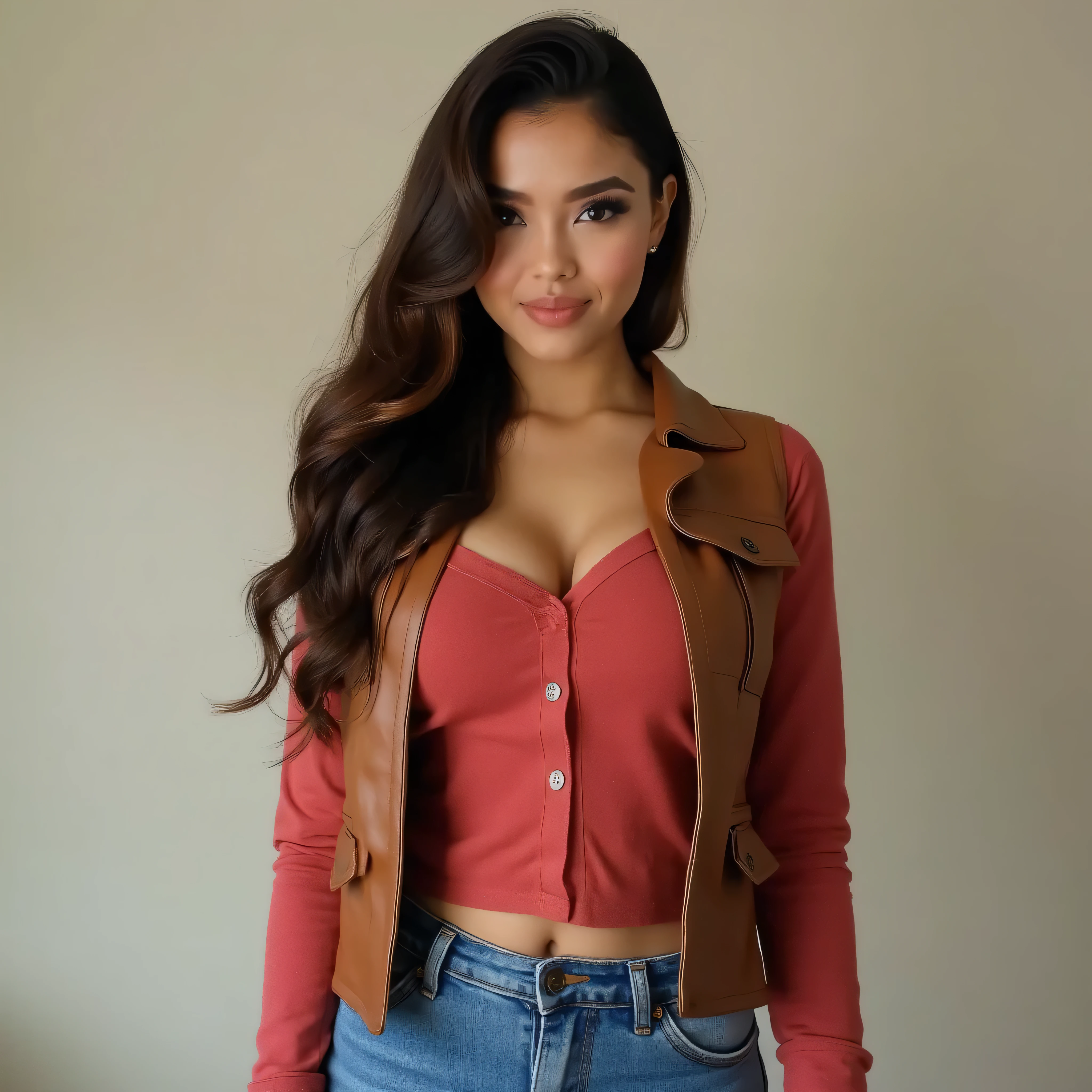 A realistic, high resolution photograph of a beautiful Latina woman in her 20's; full body frontal view facing the camera with her arms at her side, looking at the camera. There is extra space in the photo above her head. She has a lithe, hourglass, fashion model figure with large rounded, uplifted breasts, large hips, and a slim waist. She has long luxurious, wavy mahogany brown hair with a side sweeping part. She has a perfect, heart shaped face, thin lips, a small nose, a short, bull neck, and ears that lay close to her skull. She has black eyes, and a peach complexion. Her lips are closed and she has a mischievous smirk. She is wearing a long sleeved faded red cotton henley shirt with the top two buttons undone, a medium brown leather vest, and a pair of bleu jeans. Her breasts are well defined beneath the clothing and you can see a bit of cleavage. There is no one else in the photo. There is extra space above the subject’s head and centered composition — suitable for magazine-style layout or cinematic framing.