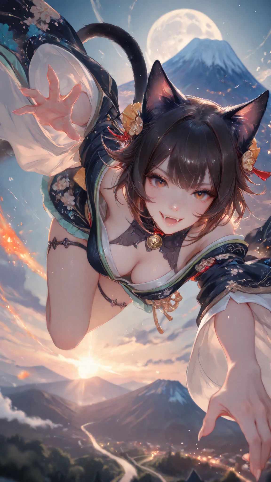 fine trait, fine traits, masterpiece,detailed_eyes,high_quality,best_quality,highres,subject_focus,depth_of_field,dynamic lighting,dynamic angle,detailed_eyes,seethrough clothes,realistic,breasts,clear skin,natural skin,Charming and delicate big anime eyes,brown eyes,Charming cleavage,atmospheric perspective,perfect anatomy, fine trait, best quality, ultra detailed, 1girl (kimono neko girl), cat tail, smile with fangs, claws, dynamic pose, floating in air, zero gravity, in night japan village in background, mount Fuji, moon and clouds, very detailed.