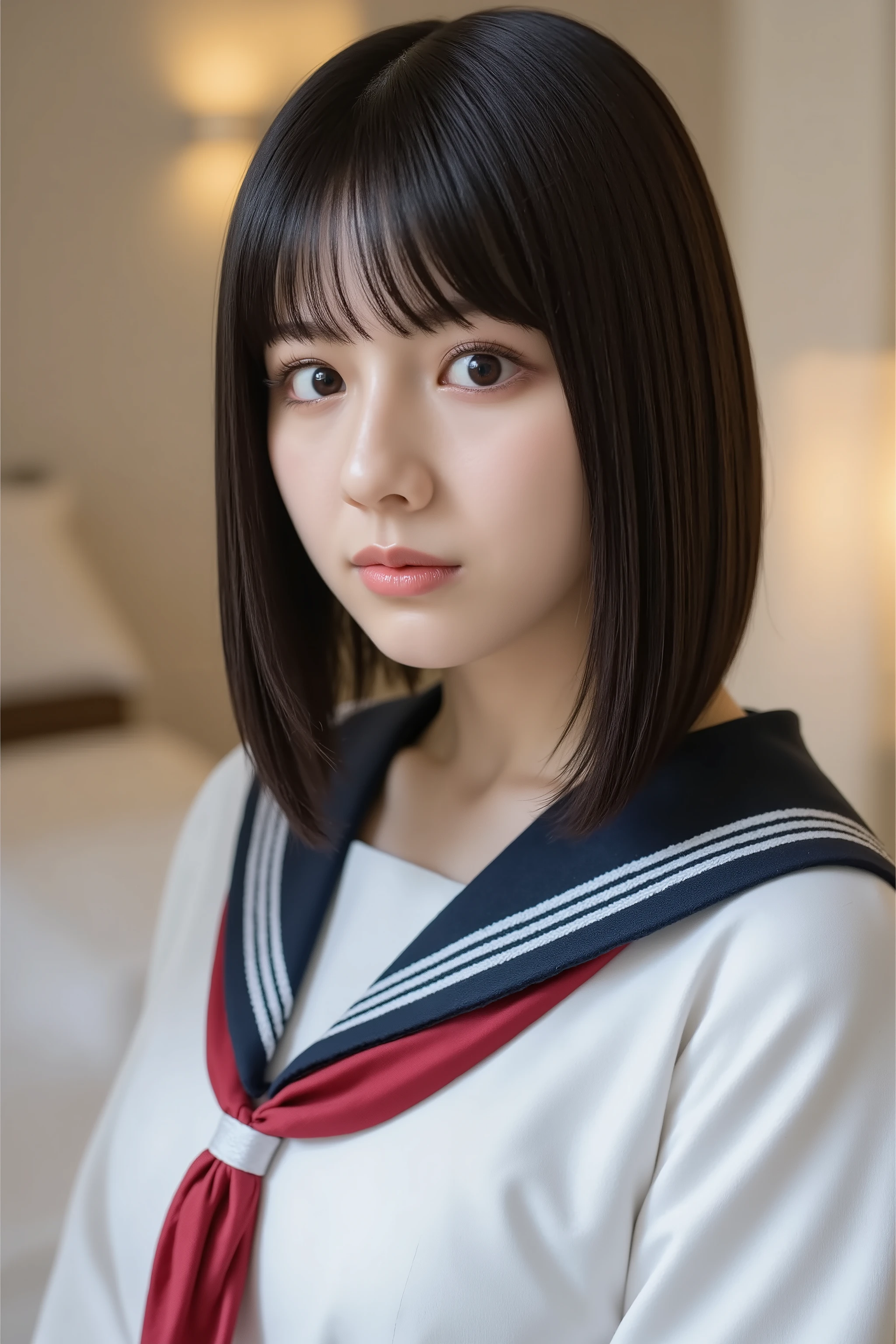 sailor_uniform,This photo captures a beautiful Japanese woman. school uniform, large breasts, close-up, 
The image is very high resolution, with clear skin texture. The focus is very sharp and focused on her face. This is an ultra-high resolution image. She is facing forward. Natural makeup that looks like no makeup. She has shiny black hair. Her skin is beautiful, fair, fine-grained, and even. 
blurry background, hotel, indoors, rim light