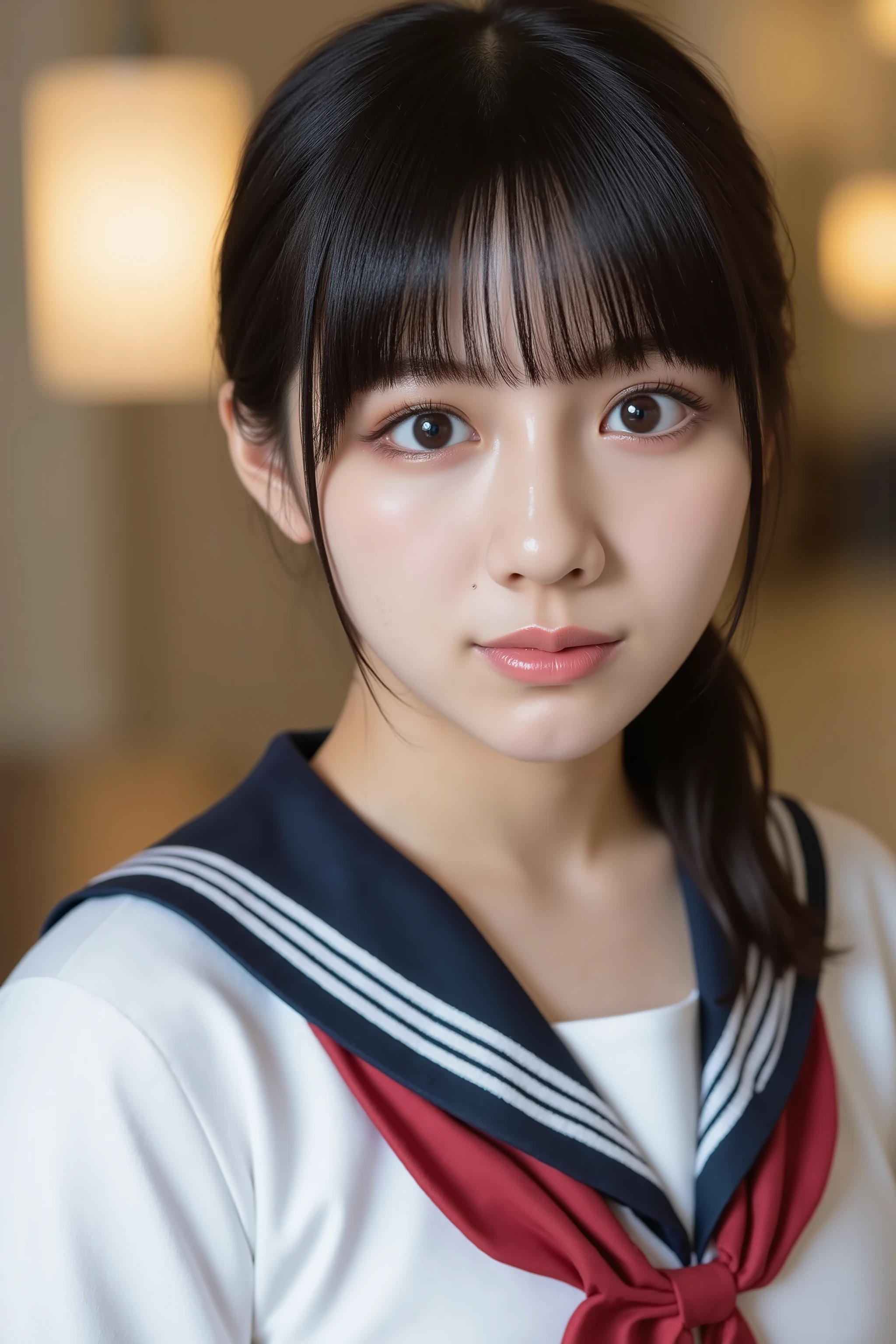 sailor_uniform,This photo captures a beautiful Japanese woman. school uniform, large breasts, close-up, 
The image is very high resolution, with clear skin texture. The focus is very sharp and focused on her face. This is an ultra-high resolution image. She is facing forward. Natural makeup that looks like no makeup. She has shiny black hair. Her skin is beautiful, fair, fine-grained, and even. 
blurry background, hotel, indoors, rim light