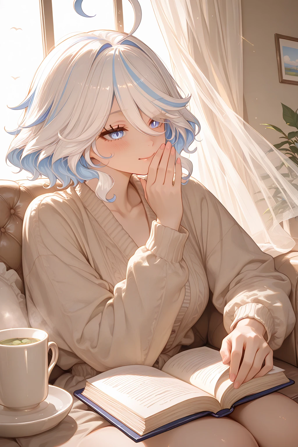 (((1 person　Gray Hair　Sit on the sofa　Crossing your legs　blue eyes)))　((High resolution　short hair　hoodie　Black Skirt　Rin々Funny face))　((Close-up))　((Blue butterfly　Asahi　Shining Aura　Catch the wind　Holding a cup　Drink coffee))　(smile　Bathed in light)　Shining Background　Shining Edge