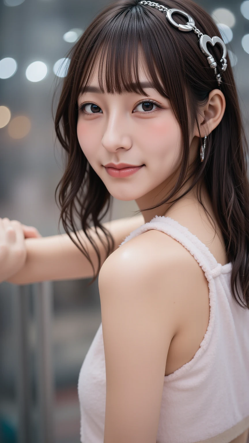 best quality, Reality, 1 Girl, Miss,(Dentate skin), Mid-chest, (bright), (Professional lighting, Bokeh), (street), people, crowd, Braided Bangs, (Women's shirts:1.5), (Wear:0.8), Gorgeous, Bloom, Flowing hair, (Dynamic poses:0.6) , soft light,full-body shot