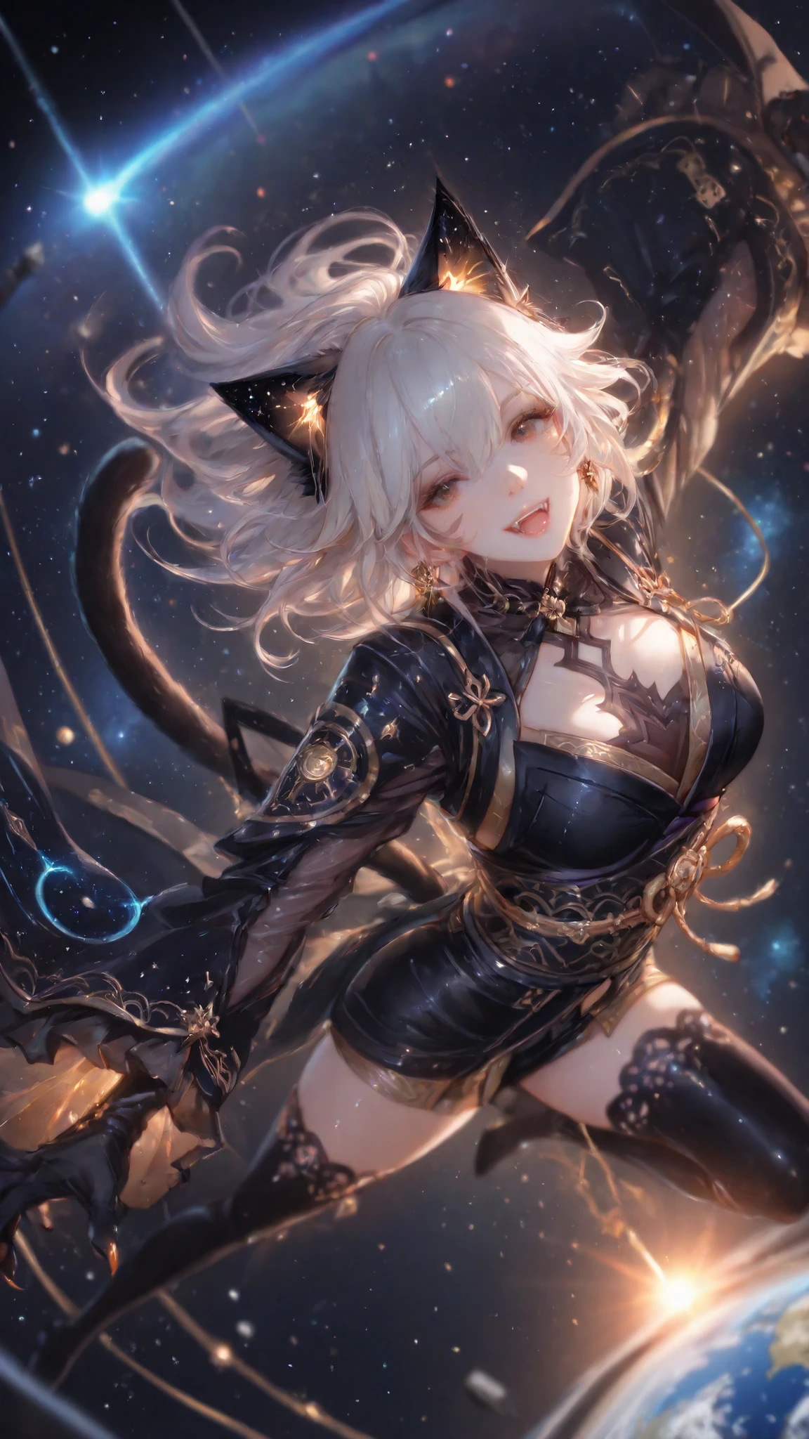 fine trait, fine traits, masterpiece,detailed_eyes,high_quality,best_quality,highres,subject_focus,depth_of_field,dynamic lighting,dynamic angle,detailed_eyes,seethrough clothes,realistic,breasts,clear skin,natural skin,Charming and delicate big anime eyes,brown eyes,Charming cleavage,atmospheric perspective,perfect anatomy, fine trait, best quality, ultra detailed, 1girl-goddess neko (kimono neko girl), cat tail, smile with fangs, claws, dynamic pose, floating in air, zero gravity, in the space, in background, big Earth, satellite and comets, very detailed.