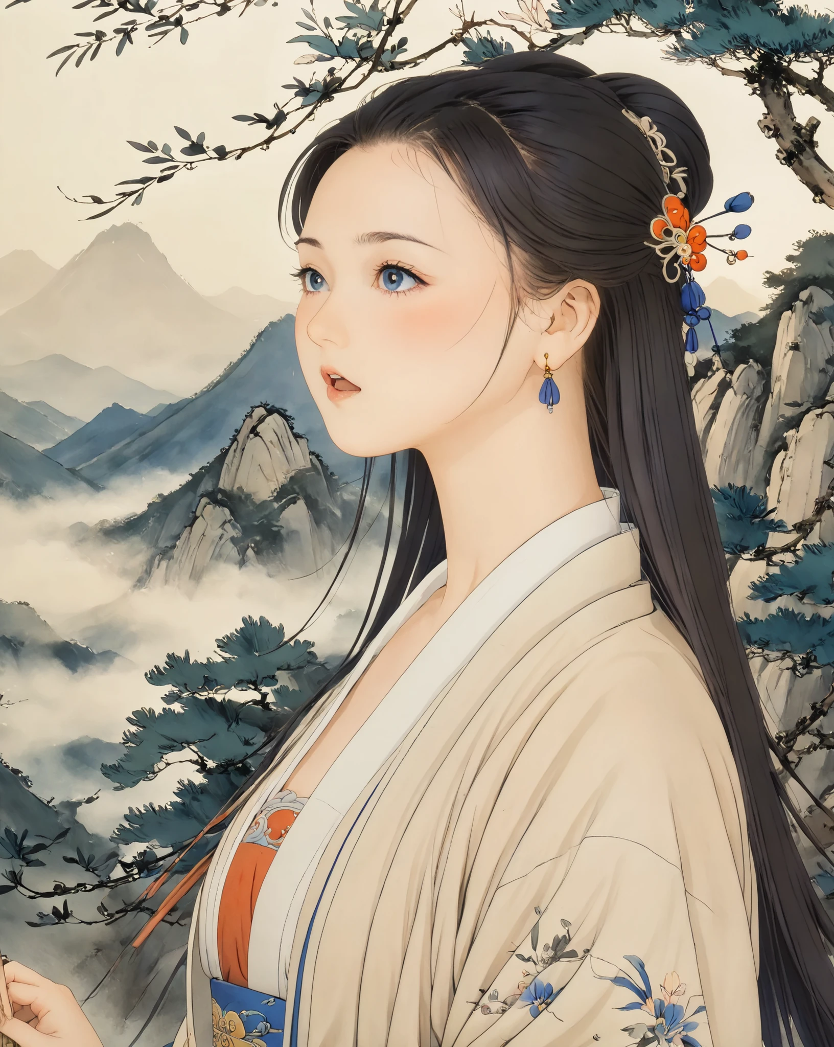 (((stylized traditional chinese painting, manga, wuxia story))), elegant girl in traditional close hanfu, windy aerial hair, soft diffused lighting, deep-blush, in mountain, trees,
