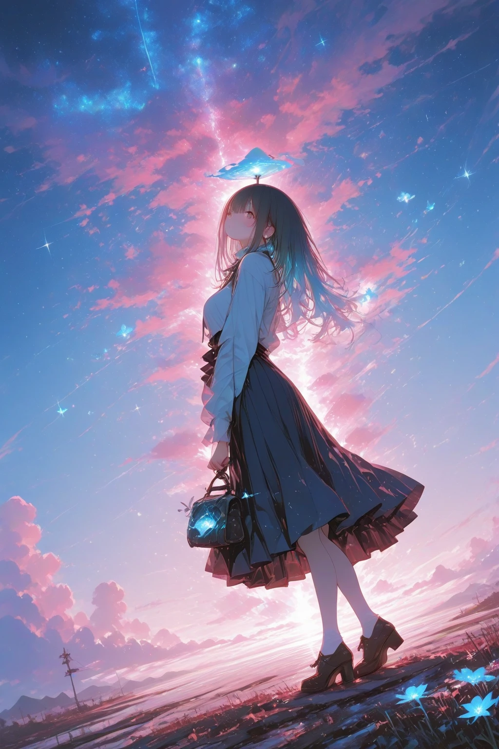 Angelic, detailed woman, sunrise, rainbow, After the Rain, horizon, In the sky, city , Lens flare, colorful, High resolution, 8K