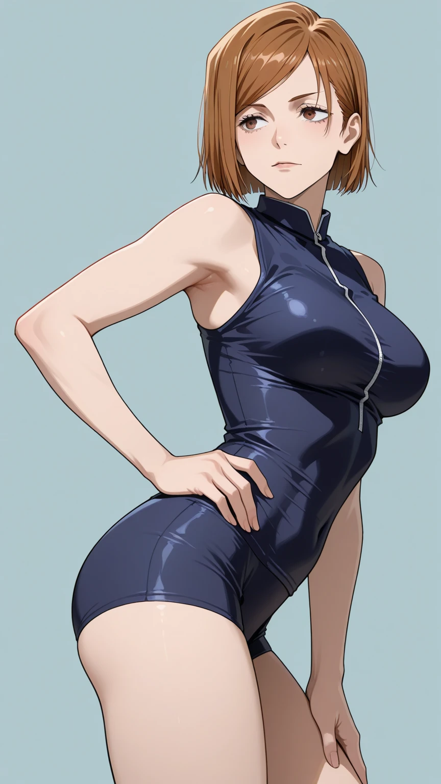 masterpiece,(ultra-detailed),1girl, oikawa shizuku, ,  hairband,   shoulders,zipper, elbow gloves, gloves, blue hairband, black gloves, bangs,  blue leotard, black thighhighs, highleg leotard, cowboy shot,  