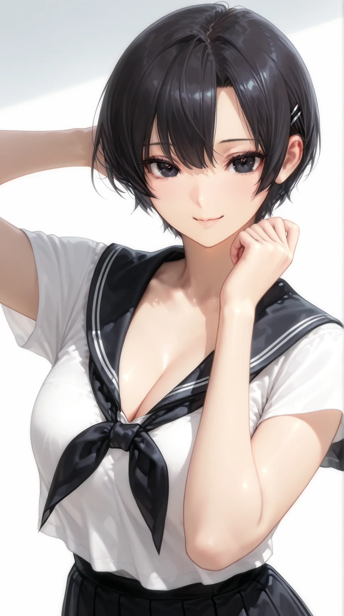 insanely detailed,
she's beautiful,upper body
Clear, clear line, Crisp edges, Clear contours, No Additional Characters,
short, choppy, pixie cut black hair and idiot hair, Smooth silky texture, No White Hair,
Attached、detailed dark eyes with detailed irises and large highlights, calm expression with Subtle Strength,
Slender Body, fair perfect skin, soft pin clip,
calm expression, Subtle Strength, A fascinating mystery, Stunning Clarity,
delicate yet unmistakable strength, fairy beauty,  quiet confidence ,
Innocent Yet Attractive, pure aura, Like a spring breeze - ephemeral, Still Unyielding.
Wearing a classic black sailor suit, 
Break black sailor color(1.7), traditional Japanese style, black pleated skirt.
white background, soft ambient lighting. 
1girl, solo, no additional characters,
masterpiece, top quality, super detailed, 8k resolution,
gentle smile,
face shot on right arm, Front Map, are watching viewers,
highly detailed face, Sleek body, perfect skin.