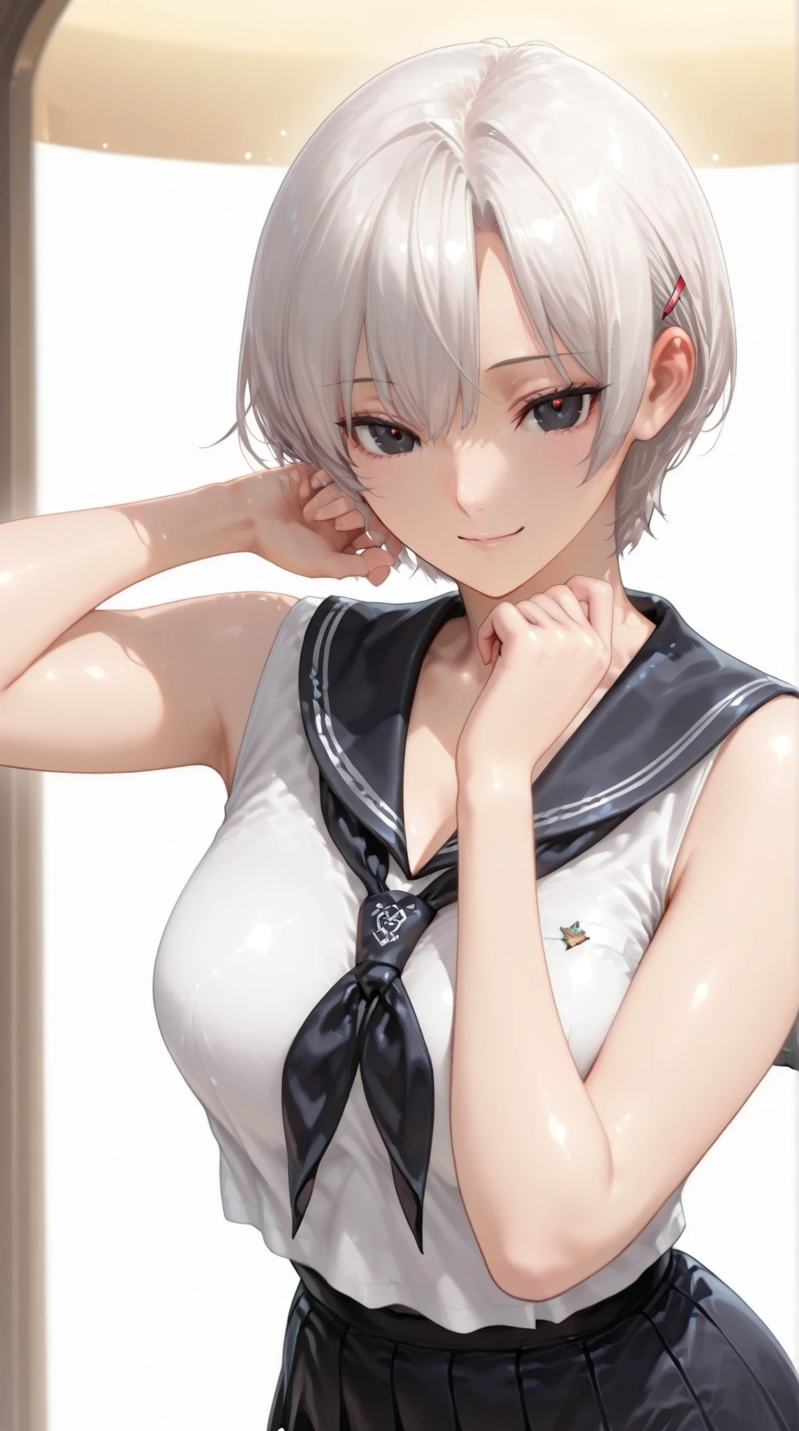 insanely detailed,
she's beautiful,upper body
Clear, clear line, Crisp edges, Clear contours, No Additional Characters,
short, choppy, pixie cut black hair and idiot hair, Smooth silky texture, No White Hair,
Attached、detailed dark eyes with detailed irises and large highlights, calm expression with Subtle Strength,
Slender Body, fair perfect skin, soft pin clip,
calm expression, Subtle Strength, A fascinating mystery, Stunning Clarity,
delicate yet unmistakable strength, fairy beauty,  quiet confidence ,
Innocent Yet Attractive, pure aura, Like a spring breeze - ephemeral, Still Unyielding.
Wearing a classic black sailor suit, 
Break black sailor color(1.7), traditional Japanese style, black pleated skirt.
white background, soft ambient lighting. 
1girl, solo, no additional characters,
masterpiece, top quality, super detailed, 8k resolution,
gentle smile,
face shot on right arm, Front Map, are watching viewers,
highly detailed face, Sleek body, perfect skin.