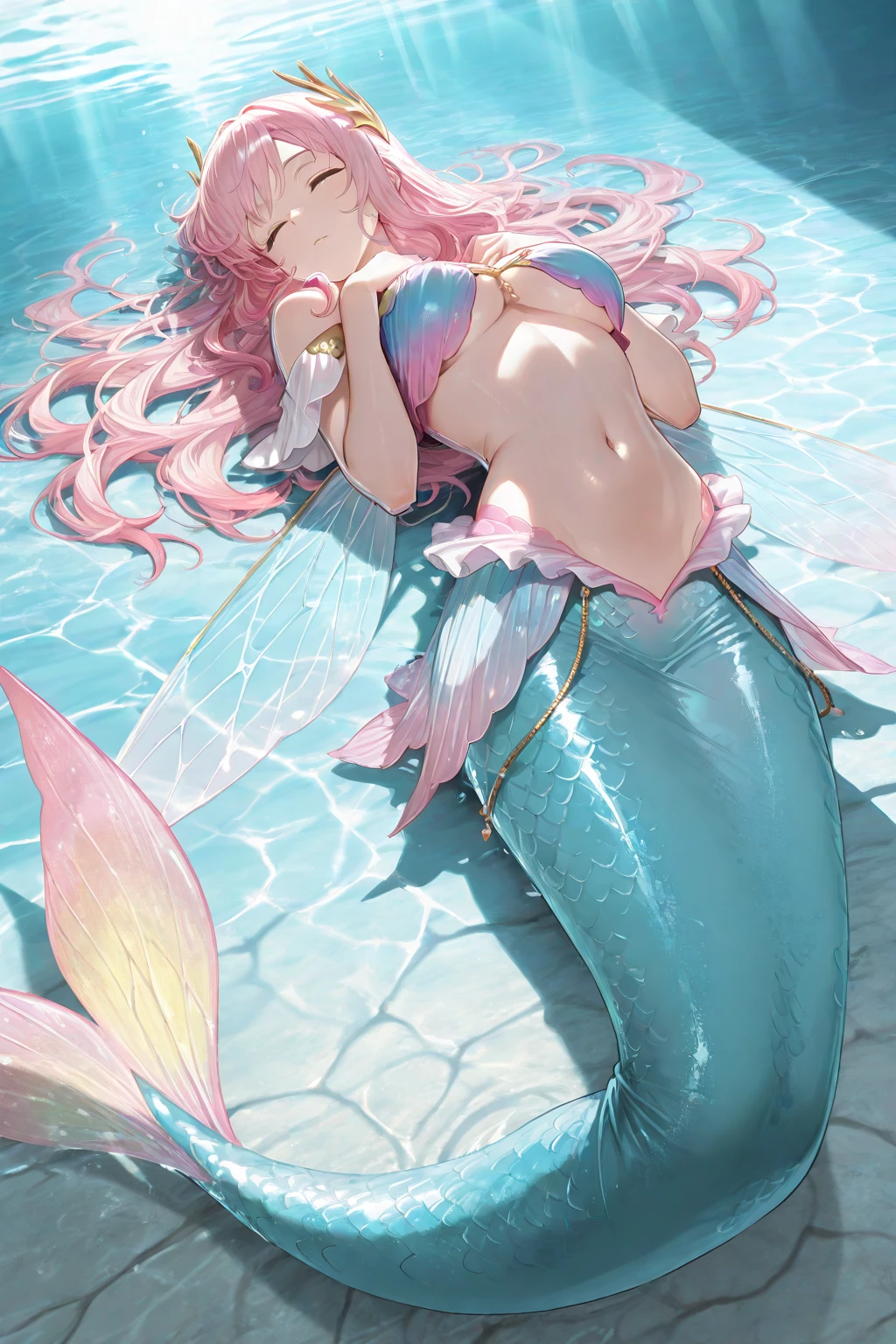 Mermaid，Mermaid，Mermaid女孩，Mermaid尾巴， style，Scale style，Underwater background，Underwater background，Seabed background，Coral shells background，Background in sea water，Pink and purple的鳞片，Pink hue，fin，身上长着fin，Girl with fish tail，Pink and purple，Powder blue scales，cute，cute，cute，crown