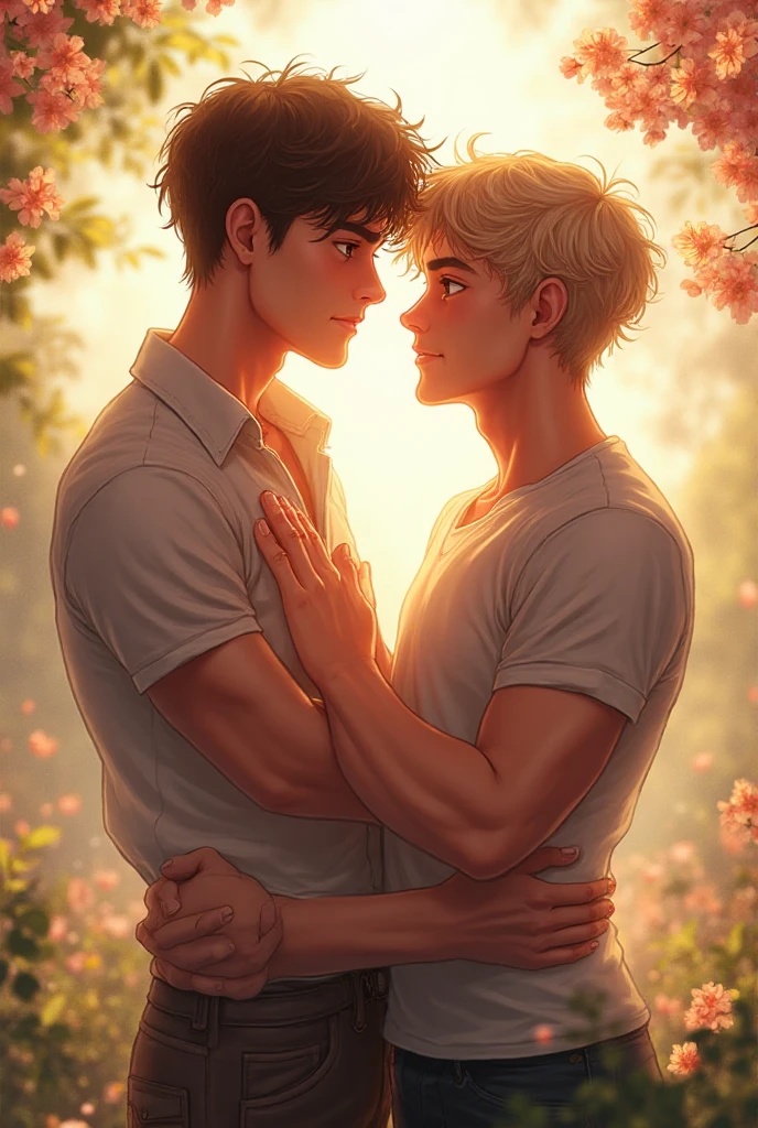 Two gay boys kiss, one boy is white, blond, with blue glasses, the other is black, wears black glasses and has curly hair. 