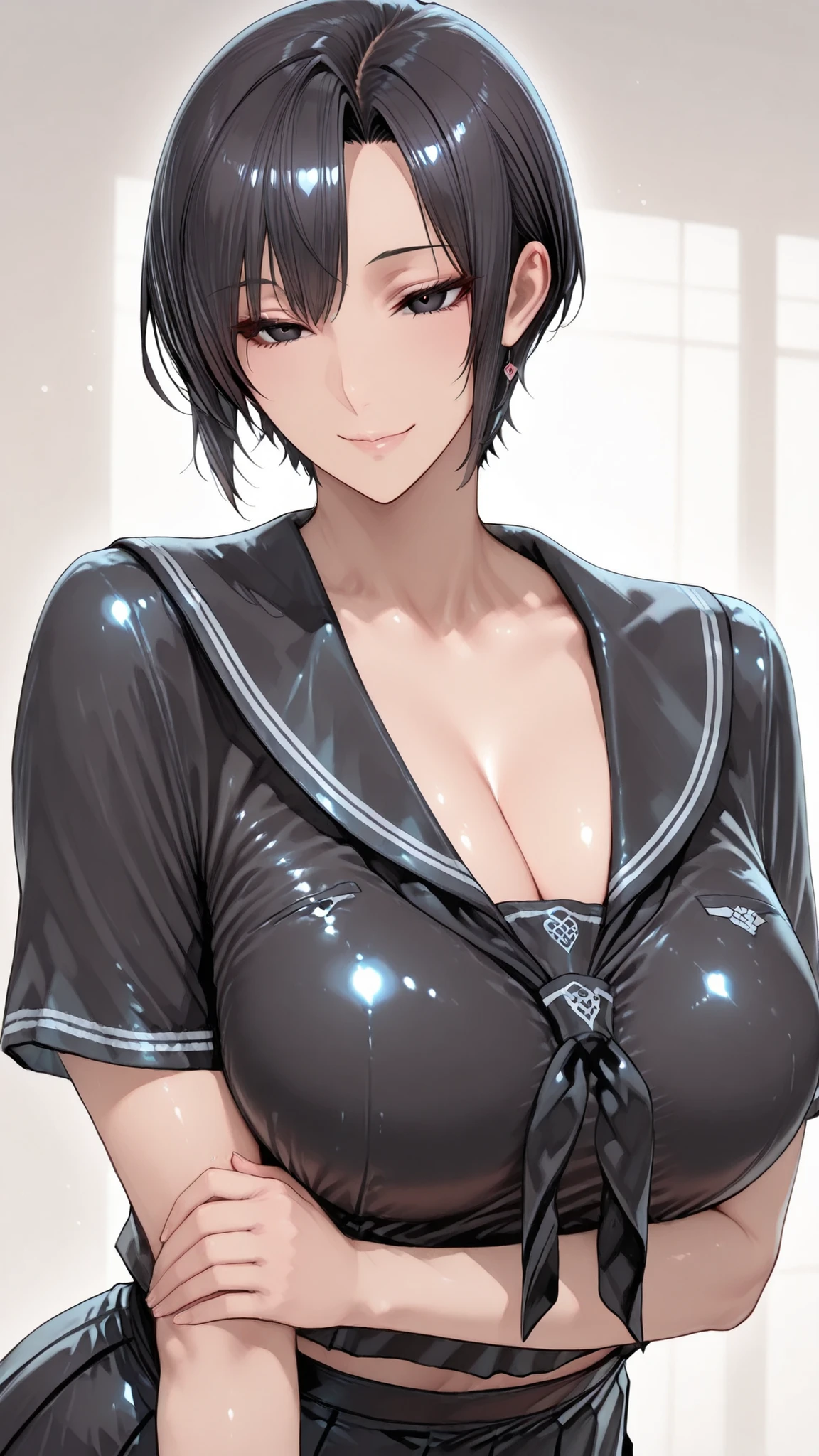 insanely detailed,
she's beautiful,upper body
Clear, clear line, Crisp edges, Clear contours, No Additional Characters,
short, choppy, pixie cut black hair and idiot hair, Smooth silky texture, No White Hair,
Attached、detailed dark eyes with detailed irises and large highlights, calm expression with Subtle Strength,
Slender Body, fair perfect skin, soft pin clip,
calm expression, Subtle Strength, A fascinating mystery, Stunning Clarity,
delicate yet unmistakable strength, fairy beauty,  quiet confidence ,
Innocent Yet Attractive, pure aura, Like a spring breeze - ephemeral, Still Unyielding.
Wearing a classic black sailor suit, 
Break black sailor color(1.7), traditional Japanese style, black pleated skirt.
white background, soft ambient lighting. 
1girl, solo, no additional characters,
masterpiece, top quality, super detailed, 8k resolution,
gentle smile,
face shot on right arm, Front Map, are watching viewers,
highly detailed face, Sleek body, perfect skin.