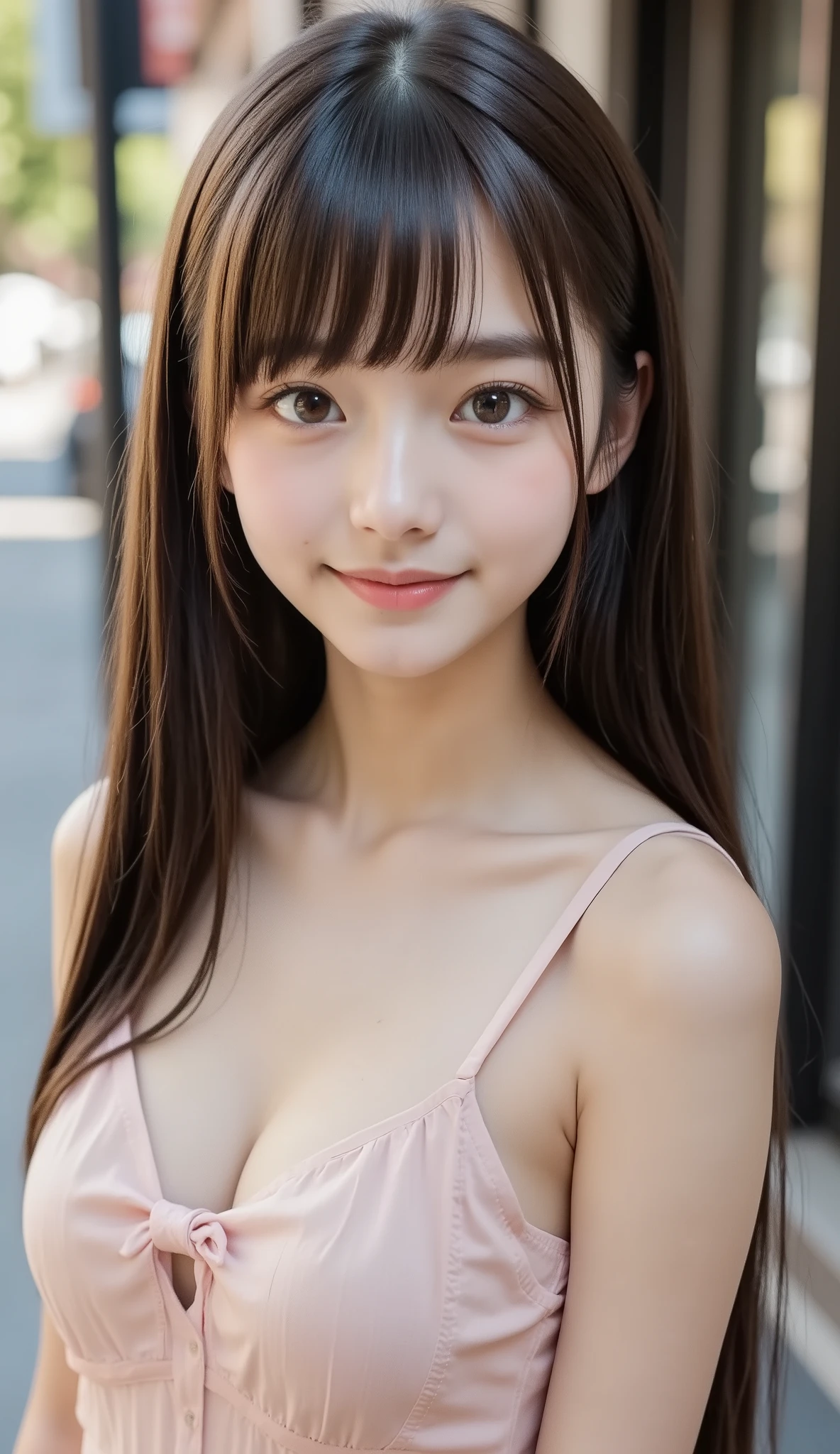 girls,  dress with thin fabric、New York street atmosphere,(( Composition showing the whole body in a dress)),(( masterpiece,  Highest Quality,   high resolution  )),  ( Ultra Hi-Vision,  very detailed), (bow:1.5), beautiful delicate face  , Highest Quality , detail , Bang , Woman ,small breasts、flat chest, smile、standing、Neat young lady dress、Clothes with front opening、Open Front Button Dress、full body view、depicted from head to knee、I'm wearing a beautiful idol dress、A dress that can be attached and detached from top to bottom with buttons、Photograph up to the knees、showing head to feet
