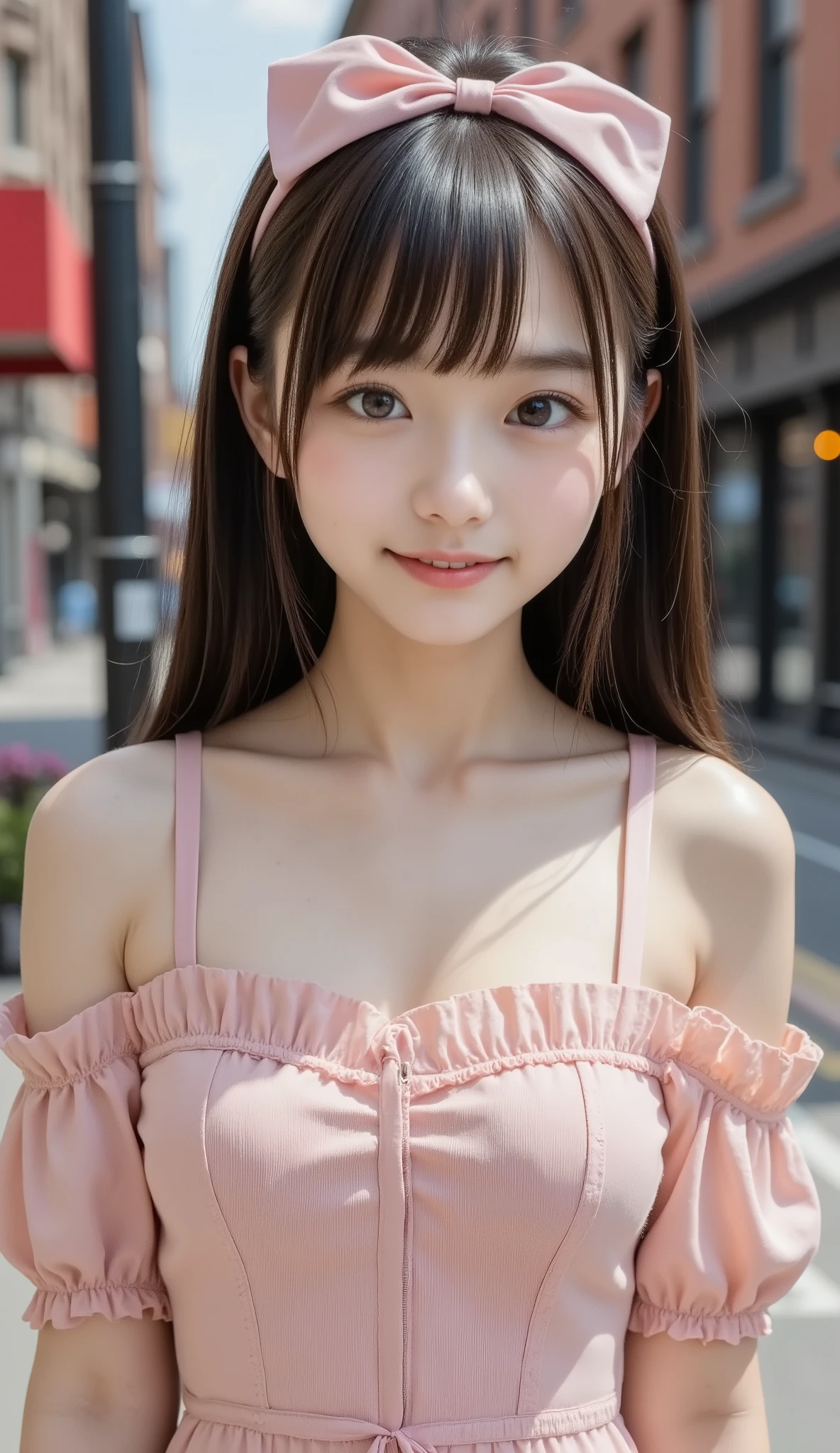 girls, dress with thin fabric、New York street atmosphere,(( Composition showing the whole body in a dress)),(( masterpiece, Highest Quality, high resolution )), ( Ultra Hi-Vision, very detailed), (bow:1.5), beautiful delicate face , Highest Quality , detail , Bang , Woman ,small breasts、flat chest, smile、standing、Neat young lady dress、Clothes with front opening、Open Front Button Dress、full body view、depicted from head to knee、I'm wearing a beautiful idol dress、A dress that can be attached and detached from top to bottom with buttons、Photograph up to the knees、showing head to feet
