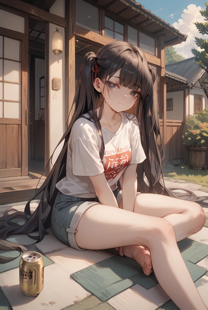 Cabello  ondulado, mirada penetrante con ojos profundos de color rojo, estatura promedio, Silky hair with a ponytail hairstyle collected with a red bow with two white lines, tiene pechos, copa de pechos a, small breasts, delgada, primer plano, Session, standing in the middle of his room [[[[apunto de llorar ]]]] LLORANDO, desconsolada, triste, deprimida, ropa desordenada, messy room clothes everywhere, depression, desastre, ojeras, pelo sucio y desordenado, mirada cansada , cuarto sumergido en la oscuridad , usando ropa holgada sin animos de estar viva, wearing only a loose blouse, tears coming out of her eyes 