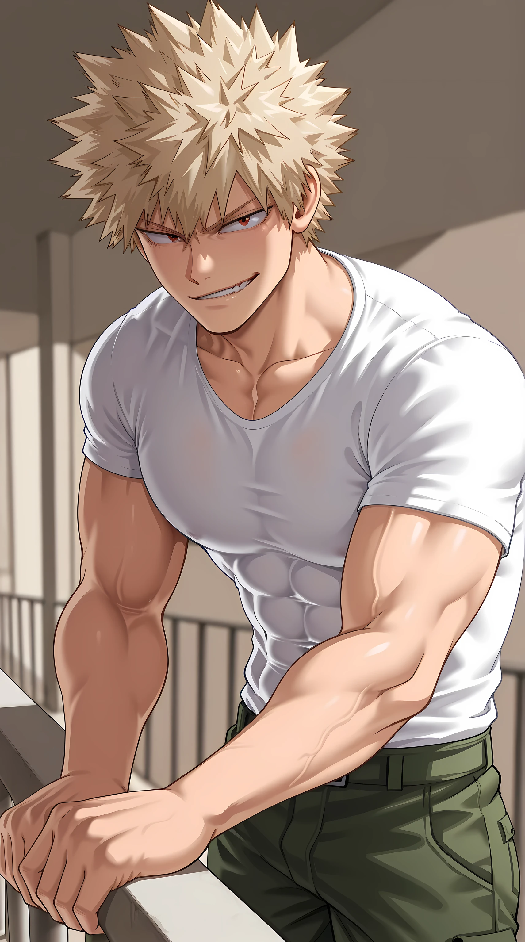 1man, Katsuki Bakugou, hair blowing in the wind, low smirk.
Pose: leaning forward with both forearms on the balcony railing, shirt rising from the wind, showing abs and V-line.
Outfit: simple white T-shirt, low-rise cargo pants.
Setting: nighttime city with warm pink and blue neon haze.
Style: soft yet detailed Boku no hero anime lighting, romantic fanservice vibe.