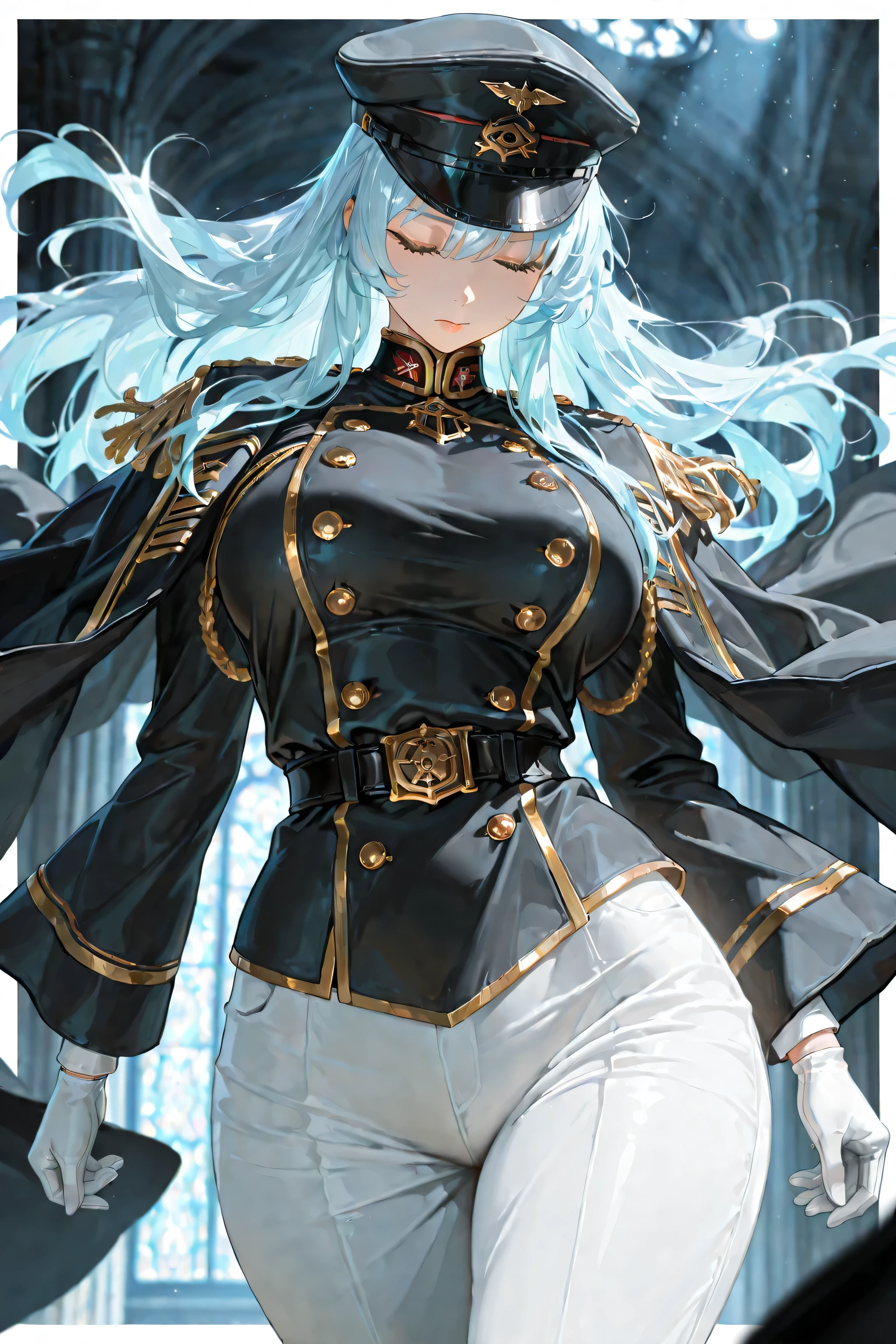 （（（masterpiece、Highest image quality、highest quality、highly detailed unity 8ｋwallpaper）））、（（Illustration of one girl、upper body））、（（（beautiful girl）））、（female pirate）、（Light light blue hair、short ponytail：1.2、yellow eyes）、（（（Right hand is a prosthetic hand、steampunk prosthetic arm）））、（（tall））、bulky figure, massive frame, thick neck, sturdy arms, powerful legs、（captain's suit、Pirate hat、Blue coat）