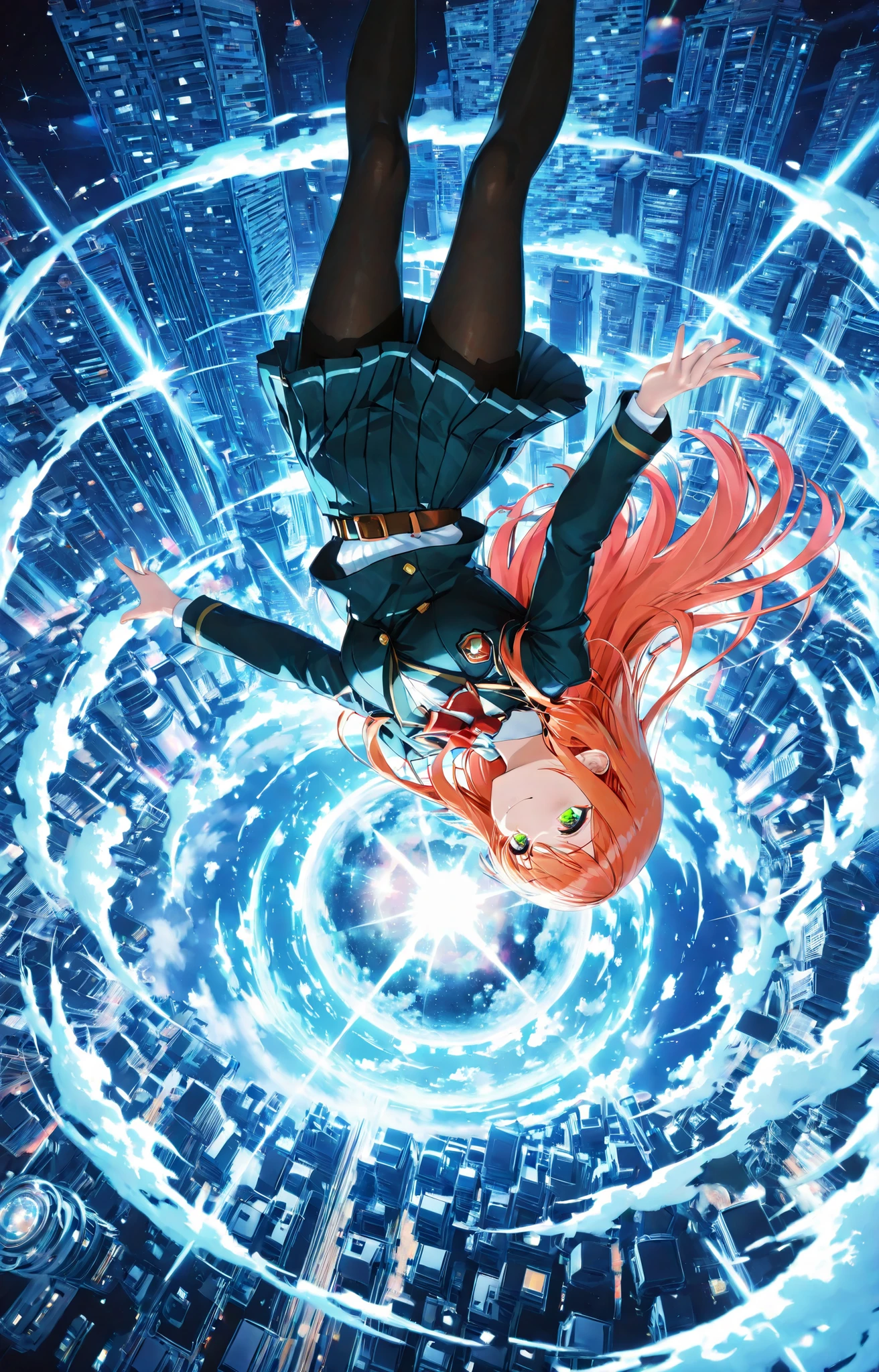 SF Fantasy Anime Girl ,high school girl ,黒い髪、GREEN EYES 、detailed eyes 、pretty face, Fantasy Art,school uniform, anime style4K,  black tights、zero gravity in the ISS、
 Smile Yan、long hair,  Dramatic Writing、bright color、 Strong Brushwork  、High contrast 、The girl who floats upside down 、 floating building、Floating Miscellaneous Goods、
Lens Flare、
top quality, HD model, Ultra High Accuracy, 3d rendering, ultra sharp、
,,BREAK, 16K resolution,masterpiece,Extremely Detailed,ultra high definition,Super High Definition,anime style , detailed eyes  ,detailed face, ,HDR ,clear line ,will make the colors as vivid as possible, detailed background、cityscape