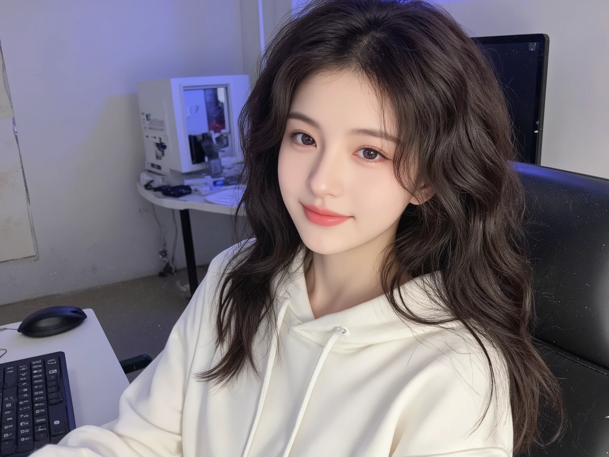 detailed background, masterpiece, best quality, 1 person , curly hair, long hair, purple eyes, star in eye ((top-quality、8k、masterpiece:1.3))、Beautiful woman with perfect body:1.4、slim abdomen:1.2、Longhair, normal breast, Highly detailed facial and skin texture, A detailed eye, delicate eyes, double eyelid, (smile), (upper body shot), ((computer room)), (sitting on chair), (((wearing white hooded))), looking in front