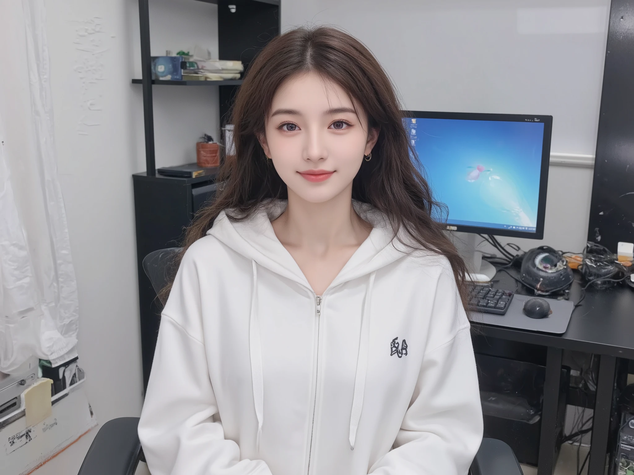 detailed background, masterpiece, best quality, 1 person , curly hair, long hair, purple eyes, star in eye ((top-quality、8k、masterpiece:1.3))、Beautiful woman with perfect body:1.4、slim abdomen:1.2、Longhair, normal breast, Highly detailed facial and skin texture, A detailed eye, delicate eyes, double eyelid, (smile), (upper body shot), ((computer room)), (sitting on chair), (((wearing white hooded))), looking in front