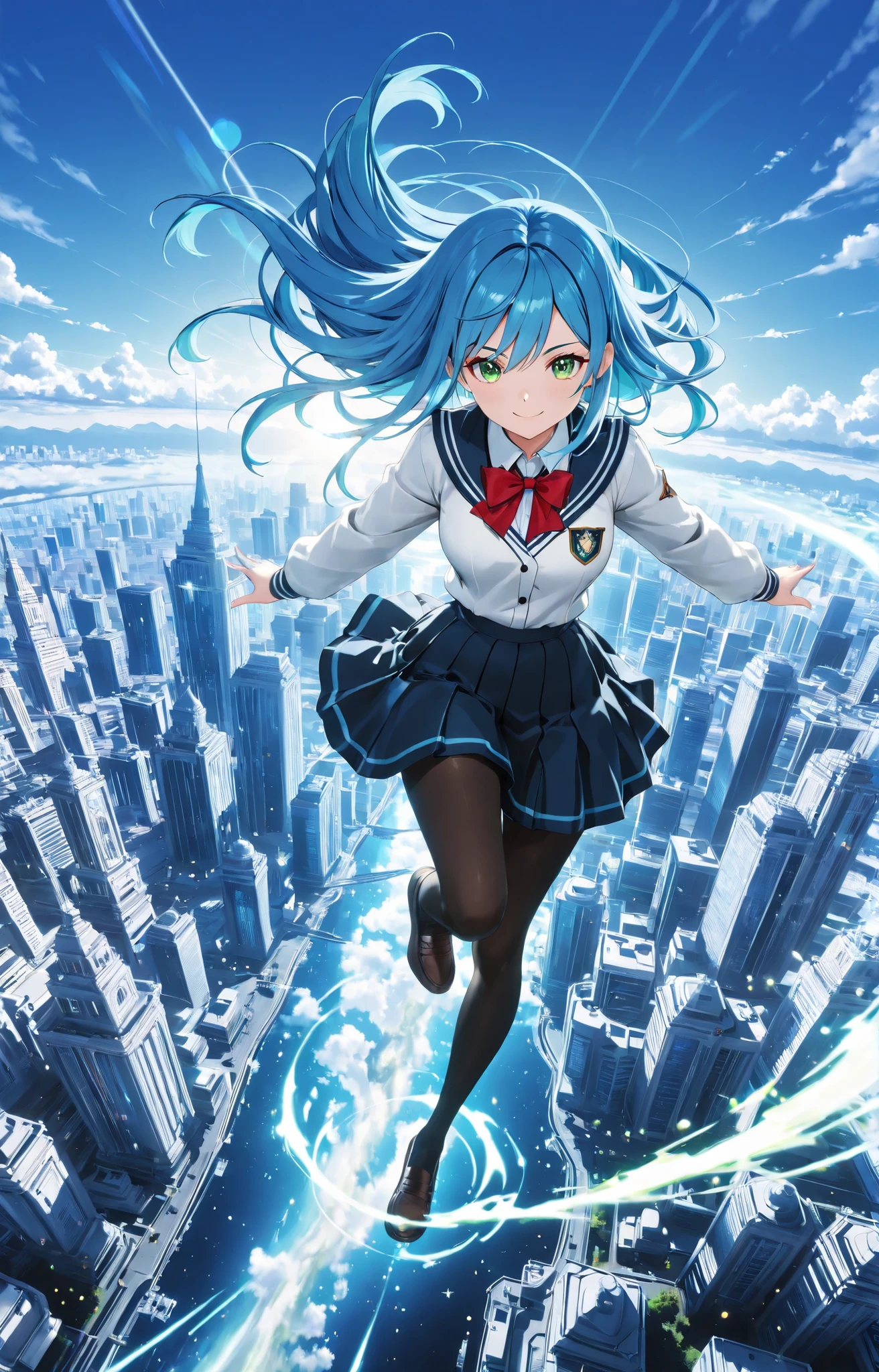 SF Fantasy Anime Girl ,high school girl ,Blue Hair、GREEN EYES 、detailed eyes 、pretty face, Fantasy Art,school uniform, anime style4K, black tights、zero gravity in the ISS、
Smile Yan、long hair, Dramatic Writing、bright color、 Strong Brushwork 、High contrast 、Floating Girl 、 floating building、Floating Miscellaneous Goods、
Lens Flare、
top quality, HD model, Ultra High Accuracy, 3d rendering, ultra sharp、
,,BREAK, 16K resolution,masterpiece,Extremely Detailed,ultra high definition,Super High Definition,anime style , detailed eyes ,detailed face, ,HDR ,clear line ,will make the colors as vivid as possible, detailed background、cityscape