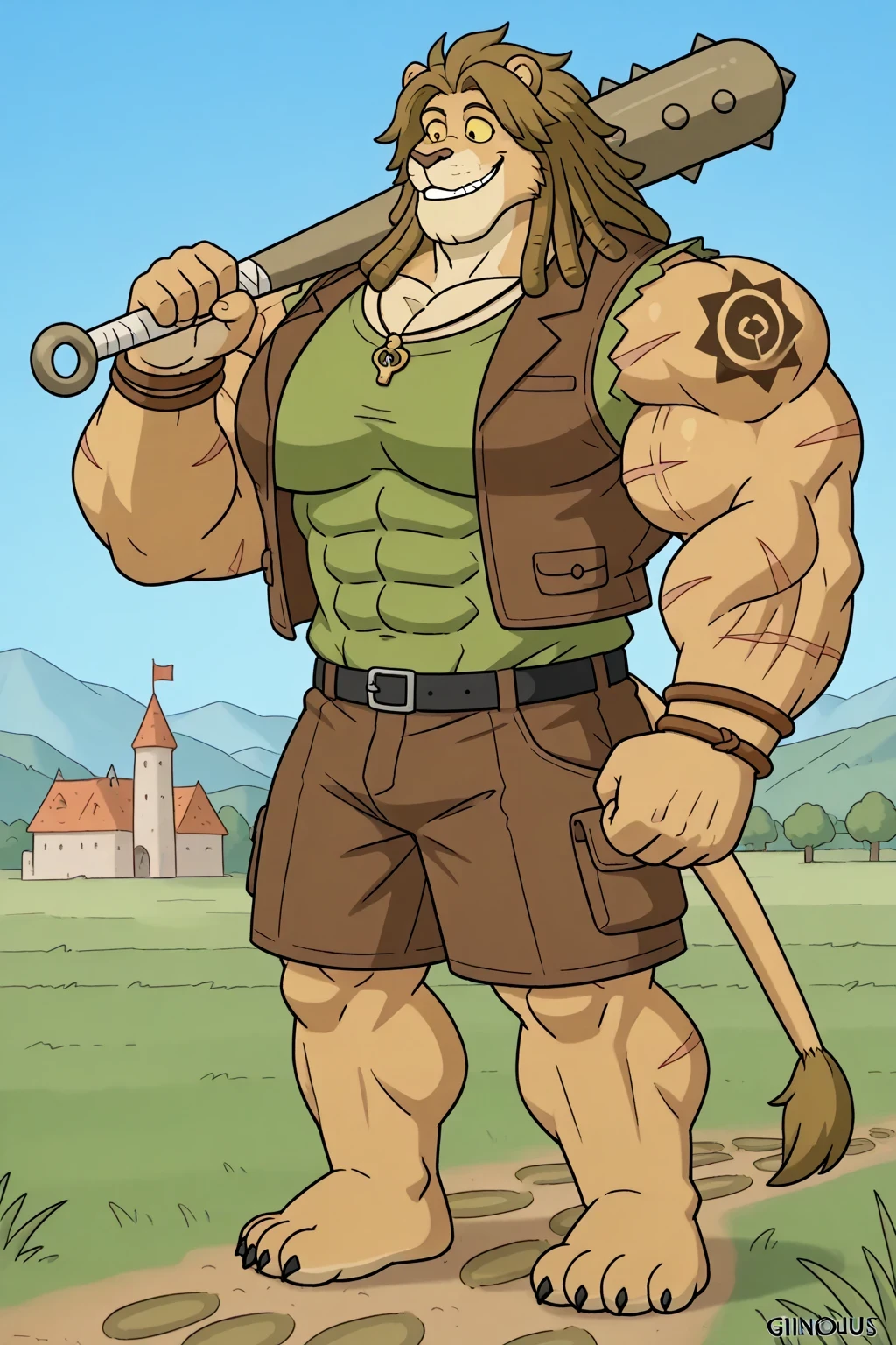 a giant muscular cartoon strong lion, photocartoon, 8k, highly detailed, saturaded colors, epic scene, ginomous biceps, enormous pectorals, detailed abs, smile powerful expression, holding a spiked bat, wearing a saturaded green shirt, brown vest, necklace, biggest brown bracelets, ripped black shorts, black belt, a big knife, a bag, and a golden key on his belt, big feets, brown saldals, sharp teeths and claws, long lion tail, brown golden hair, big brown golden lion's mane, dreadlocks in his lion's mane, giant size, macro size, 50-foot size, 100 feet tall, biggest cartoon eyes yellow sclera with black pupils, beanstalk behind, blue sky background, castle background, field background, village background, mountains behind, (micro size background), full body, tattoos on his arms, scars on the body, trees, grass, plants, giant footprints paws on the grass, giant size, macro size, 50-foot size, 100 feet tall, jack and the beanstalk story.