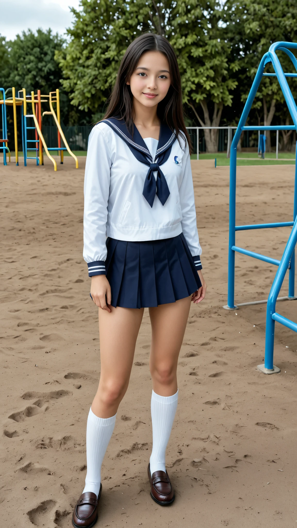 Realistic female high school student standing on the playground、long sleeve sailor suit、miniskirt、pretty face、high socks、loafers、full body view