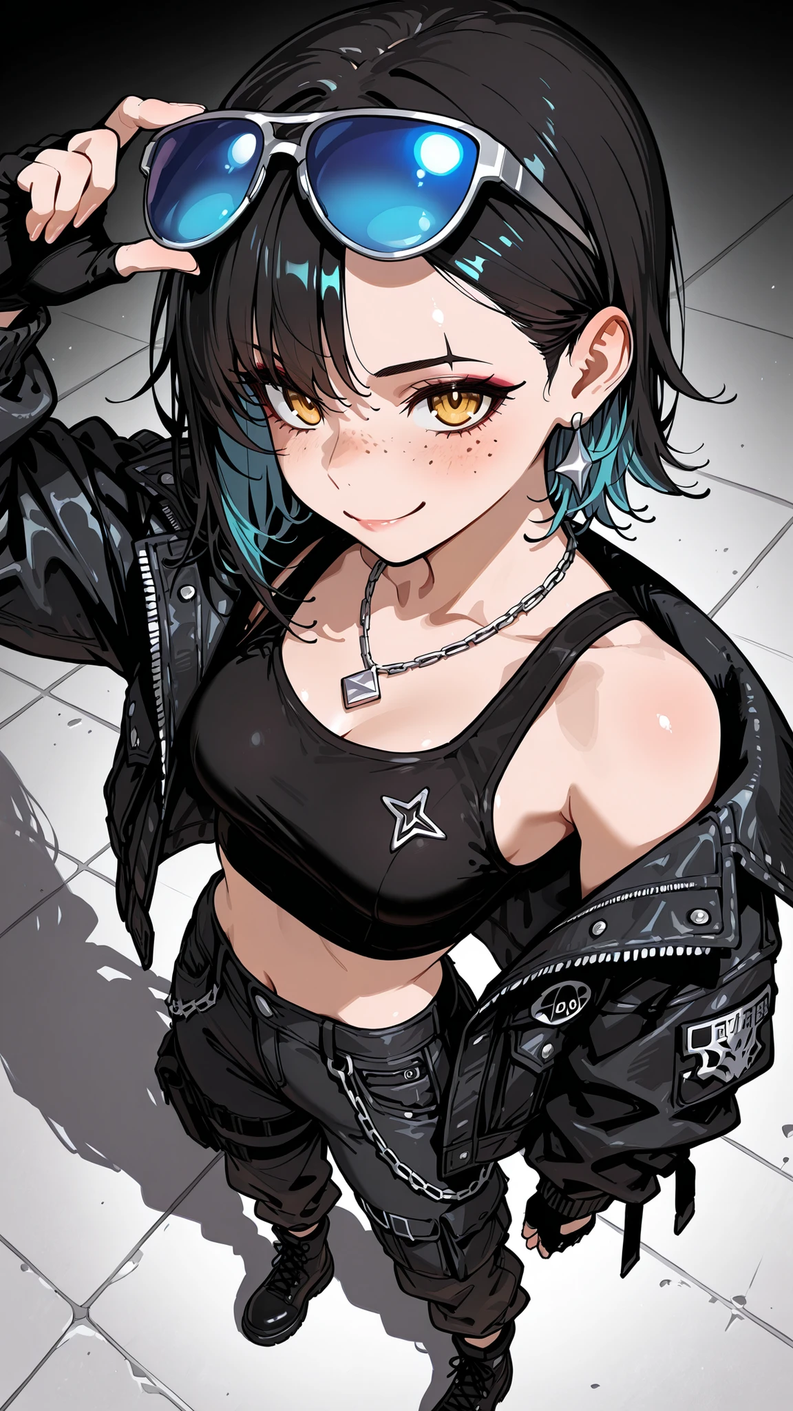 perspective,woman, athletic slender build, small bust, rectangular waist, honey skin with freckles, light hazel eyes, short curly black buzzcut fade, mocking half-smile, scar over eyebrow, wearing oversized distressed black denim jacket with gothic patches, cropped black tank top, loose tech cargo pants with chains, tactical boots, fingerless gloves, blue sunglasses on head, silver necklace, confident sarcastic expression, anime style, character design