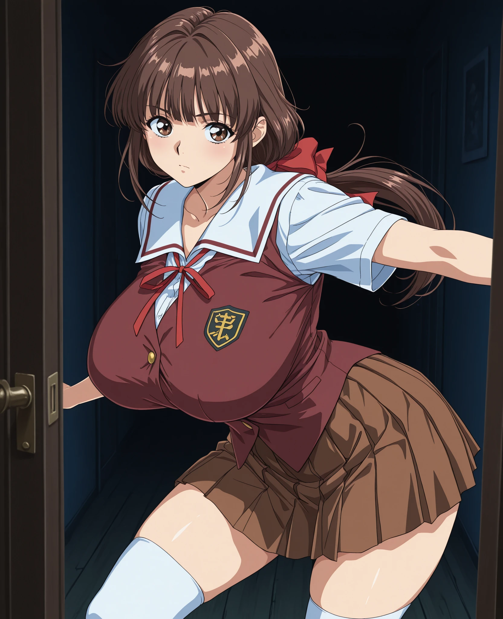 (Armpit Show),(Sleeveless),(Tabletop, Highest quality, High resolution:1.5, Anime Color, Megami Magazine:1.2, Anime poster style, Anime key visual, sharp, 8k, Realistic), (Beautiful attention to detail:1.5, Beautifully detailed face:1.2), Murue Ramius, One person, blush, (Brown Hair, Medium Hair), (Huge saggy breasts), (:1.2, Very good), Upper Body, (Perfectly detailed , Beautiful detailed hair, Beautiful and exquisite body:1.2, Glowing Skin), (Thick outline, Beautiful contours, Black outline), Simple Background:1.5