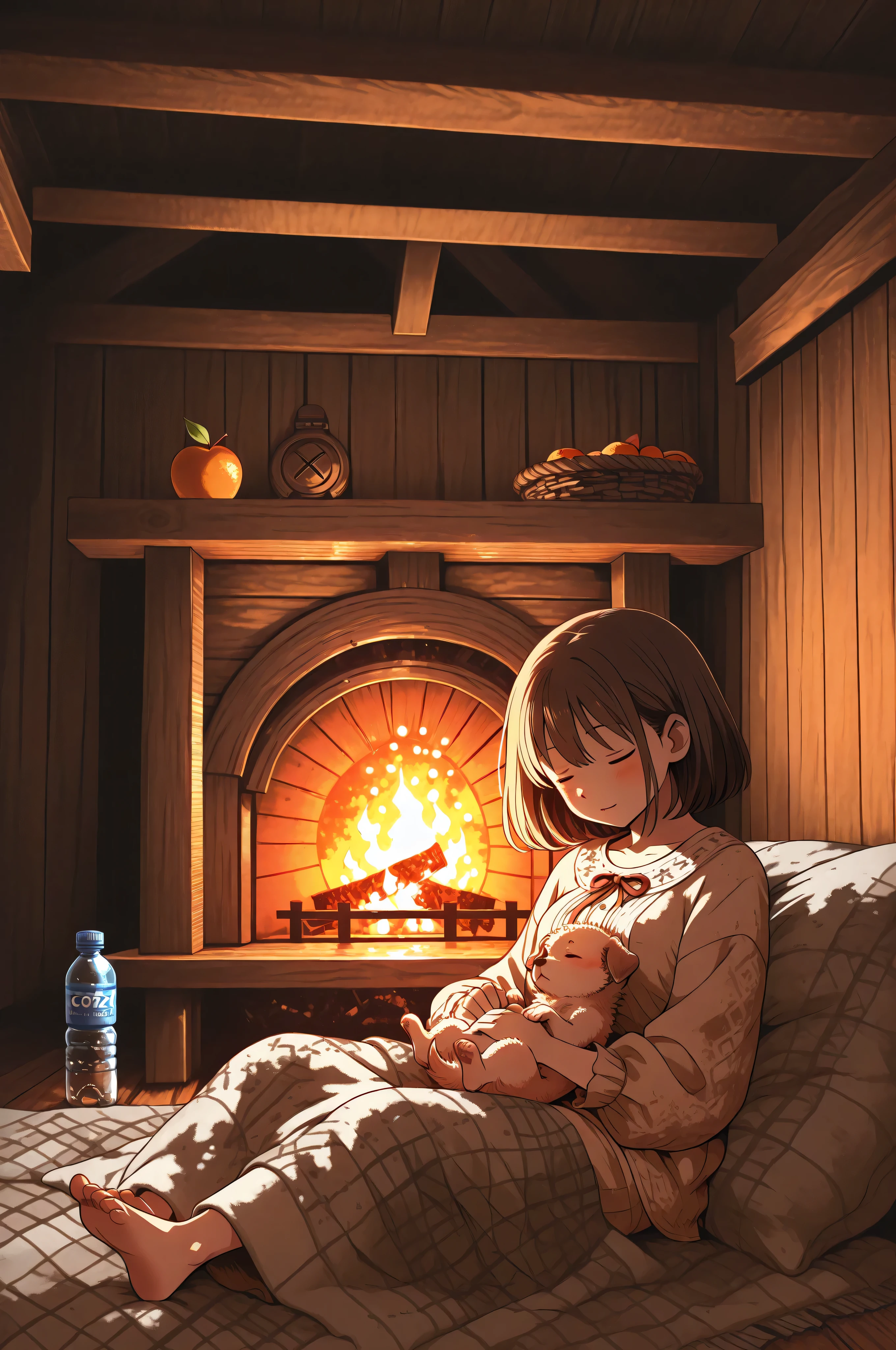 anime style, Inside a wooden hut with a warm fireplace, A young caretaker is holding a small puppy on his lap,  Wooden table with fruit and water bottles, Other baby dragons sleeping on a soft blanket near x}, Heartwarming family bonds, Cozy everyday life, Soft, warm lighting and soft colors  
