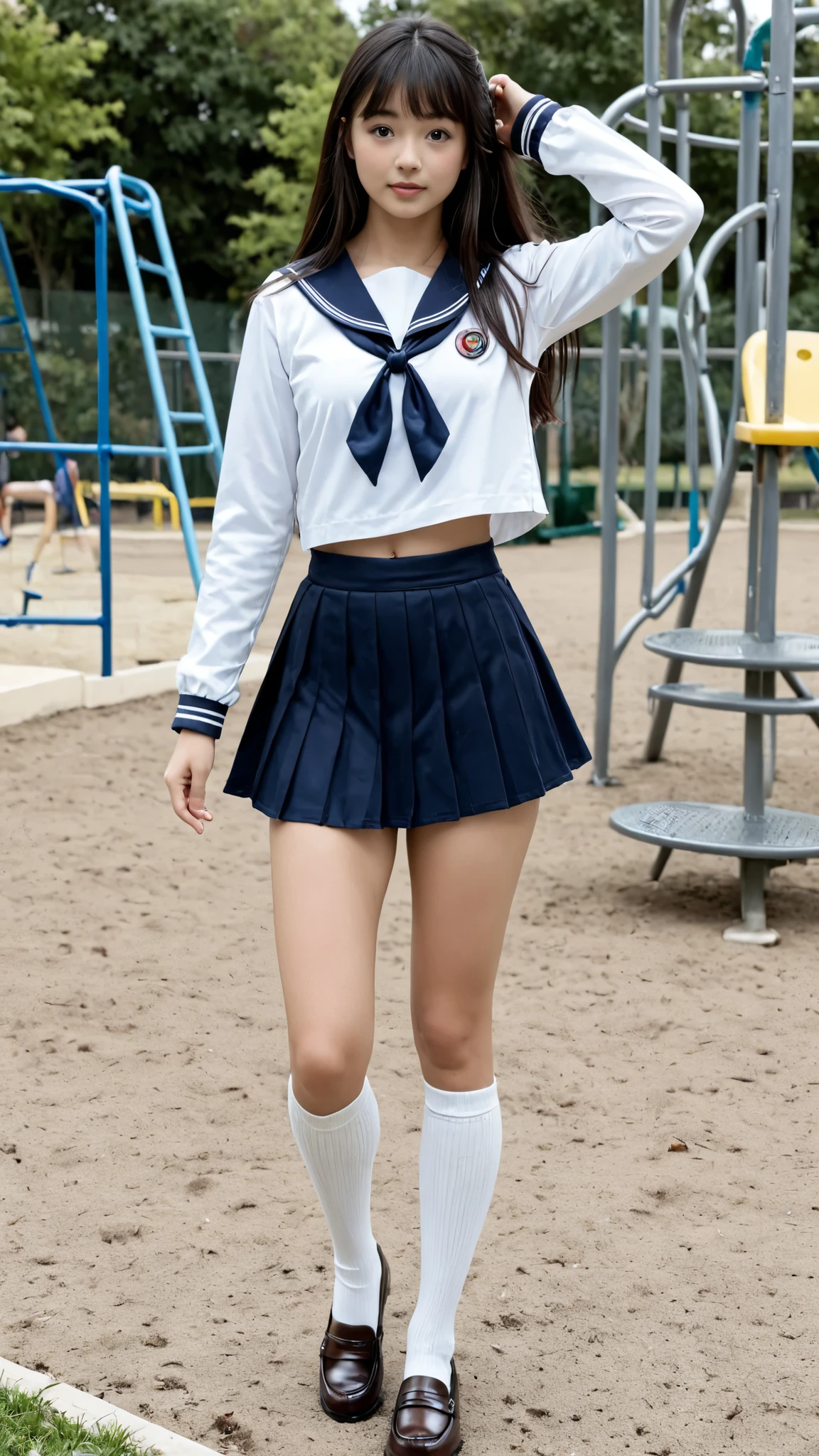 Realistic Japanese high school girl standing on the playground、long sleeve sailor suit、miniskirt、pretty face、high socks、loafers、full body view