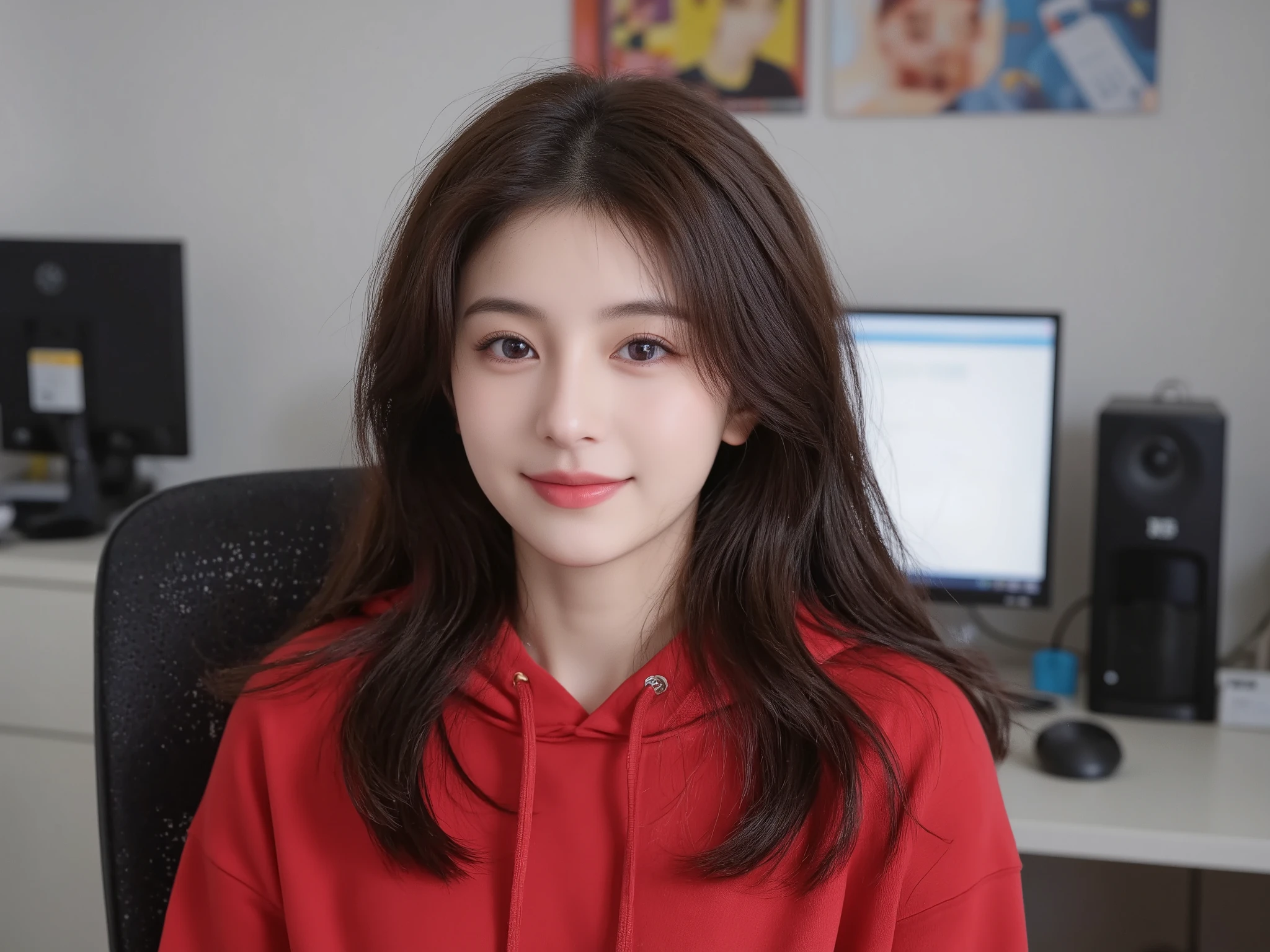 detailed background, masterpiece, best quality, 1 person , curly hair, long hair, purple eyes, star in eye ((top-quality、8k、masterpiece:1.3))、Beautiful woman with perfect body:1.4、slim abdomen:1.2、Longhair, normal breast, Highly detailed facial and skin texture, A detailed eye, delicate eyes, double eyelid, (smile), (upper body shot), ((computer room)), (sitting on chair), (((wearing red hooded))), looking in front