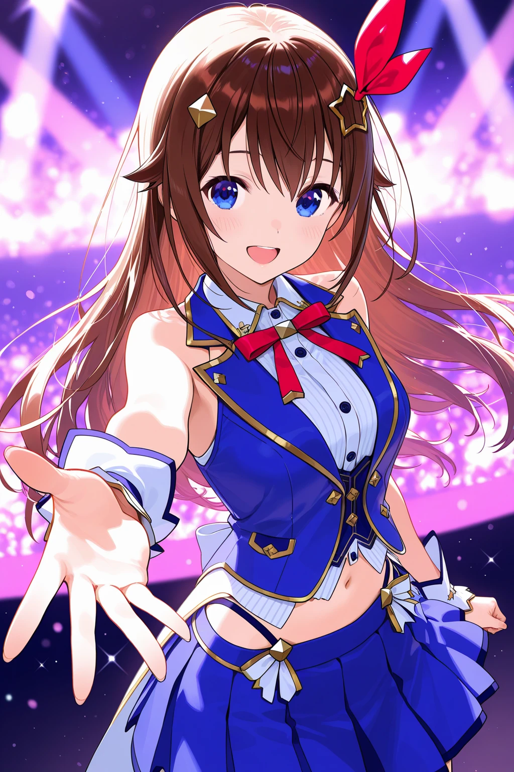 Mirai Kasuga, (Highest quality, 8k, masterpiece, Very detailed:1.2), (Lens flare, Particles of light, Shine), , smile, Open your mouth, masterpiece, Highest quality, Very detailed, High resolution, Very detailedCG, Official Art, Idol Costumes, White  the shoulder, ((BTBS)), ((:1.1)), , Dynamic Angle, Perfect body,, ((, 1boy, , lying, , pov, , ))