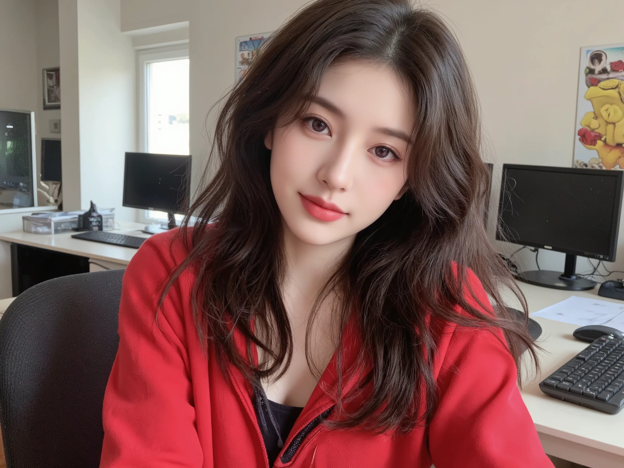 detailed background, masterpiece, best quality, 1 person , curly hair, long hair, purple eyes, star in eye ((top-quality、8k、masterpiece:1.3))、Beautiful woman with perfect body:1.4、slim abdomen:1.2、Longhair, normal breast, Highly detailed facial and skin texture, A detailed eye, delicate eyes, double eyelid, (smile), (upper body shot), ((computer room)), (sitting on chair), (((wearing red hooded))), looking in front