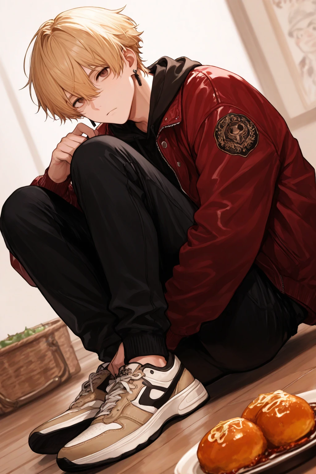 One boy, male focus, brown and blond hair, boku no hero academia, masterpiece, best quality, very aesthetic, red hoodie, black jeans, white boots, full body illustration, watching TV.